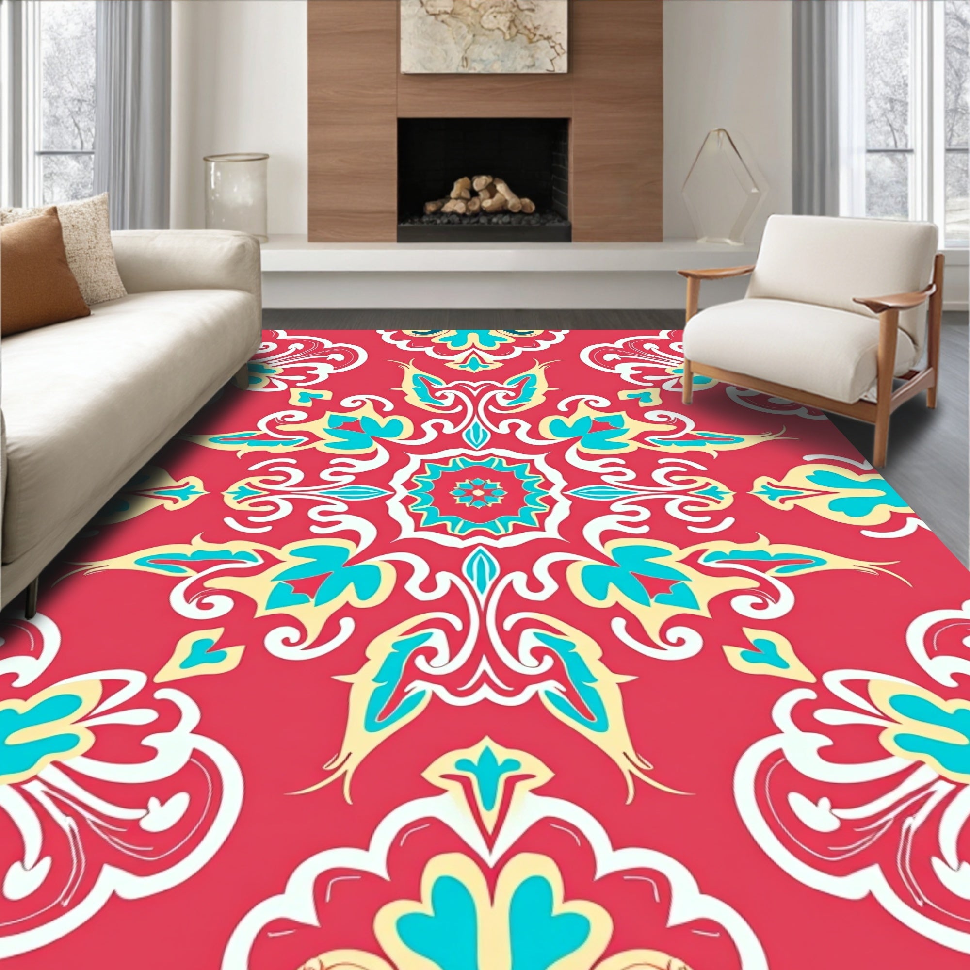 Vibrant Coral Floral Mandala Pattern Rug
