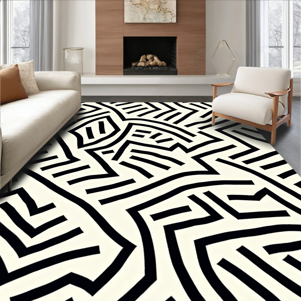 Black White Abstract Geometric Pattern Rug