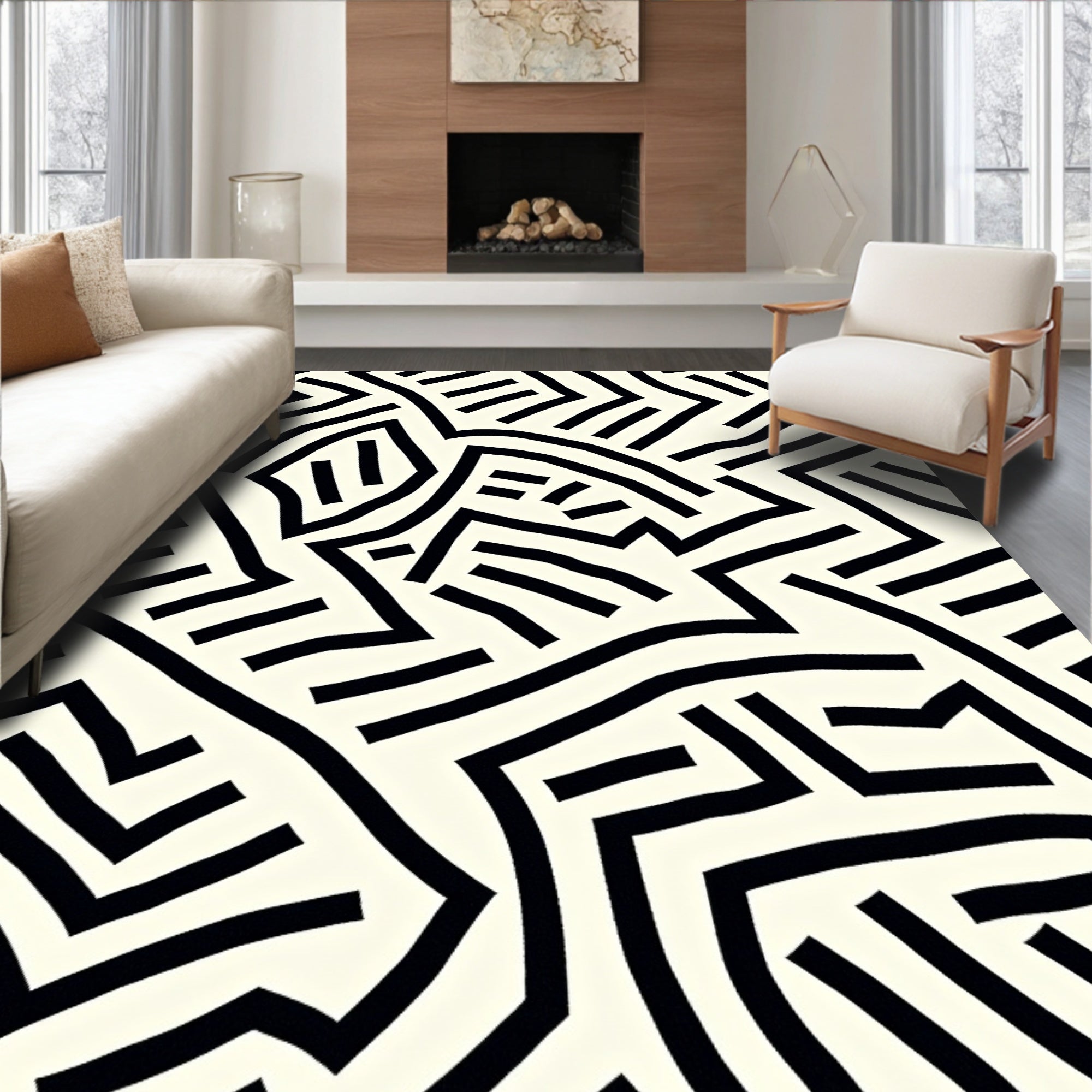 Black White Abstract Geometric Pattern Rug