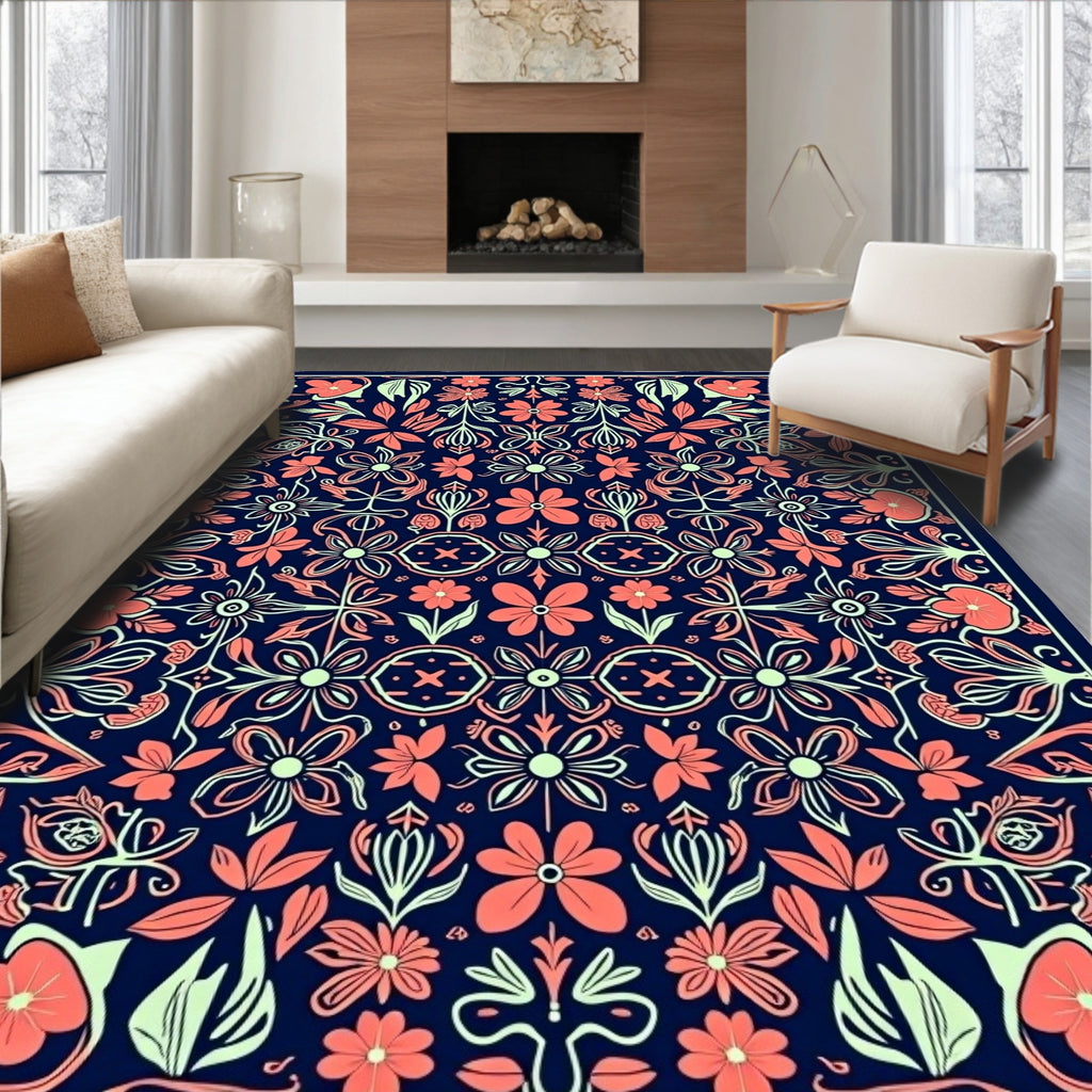 Floral Symmetry Navy Coral Pattern Rug