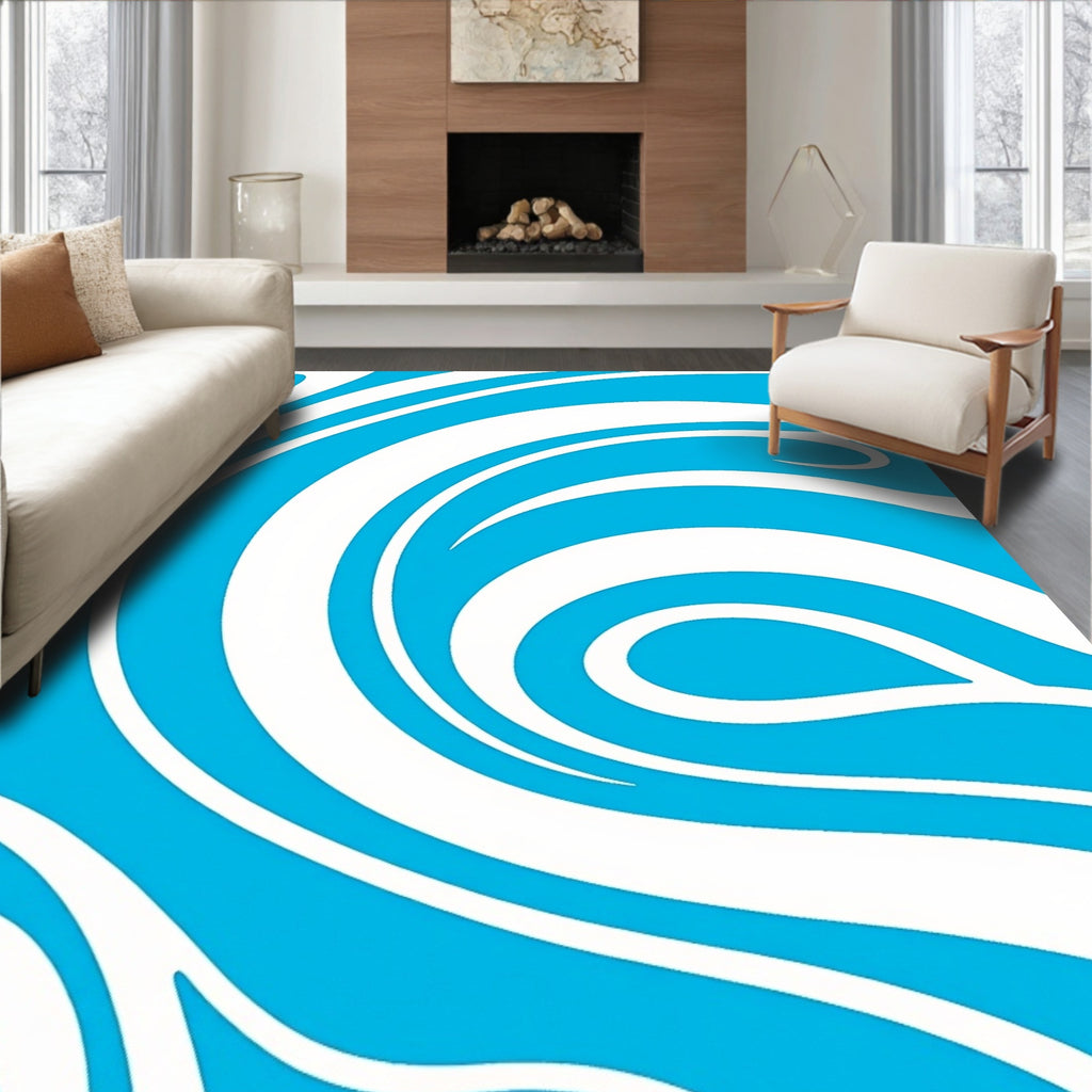 Bright Blue White Swirling Waves Rug