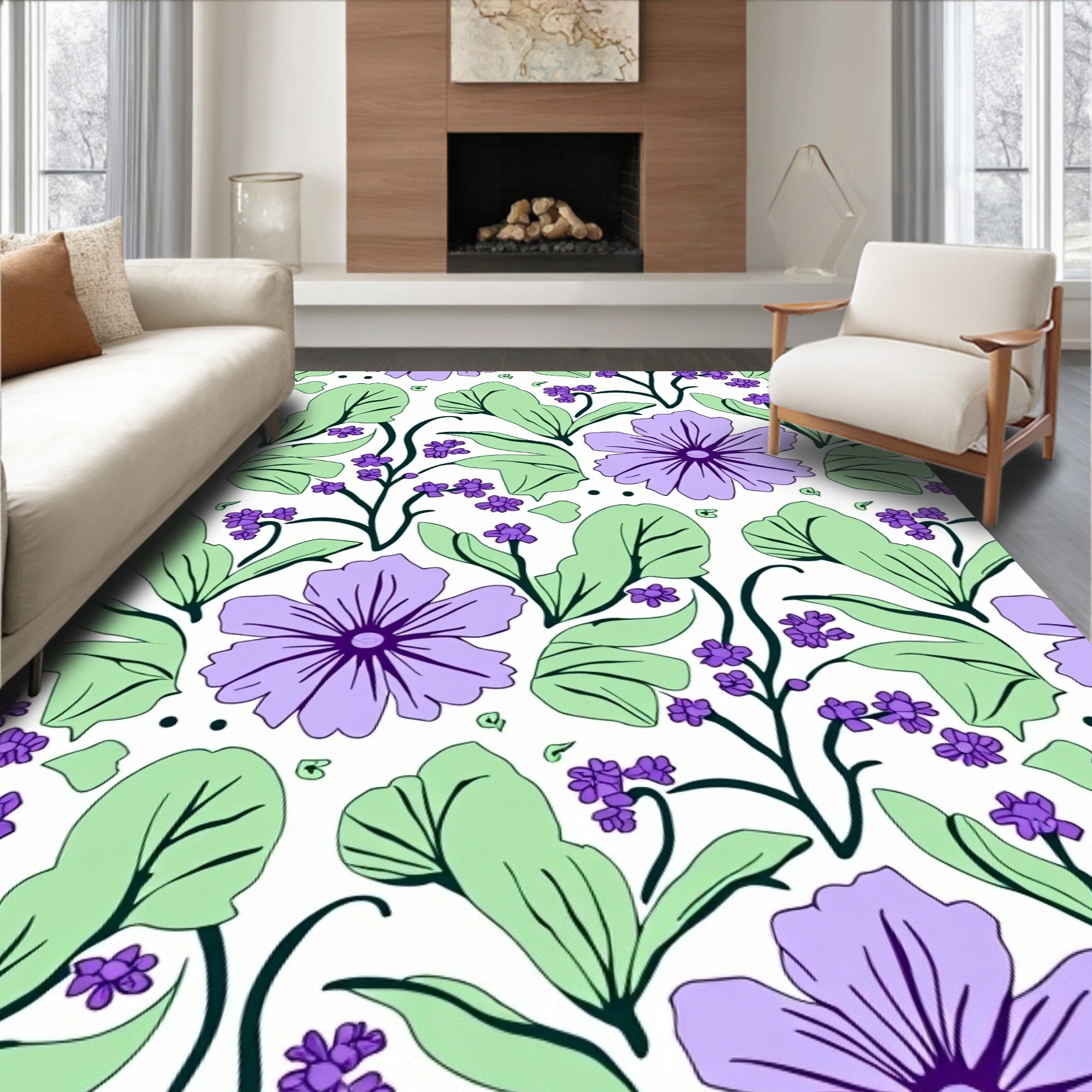 Purple Flower Pattern with Green Leaves Rug