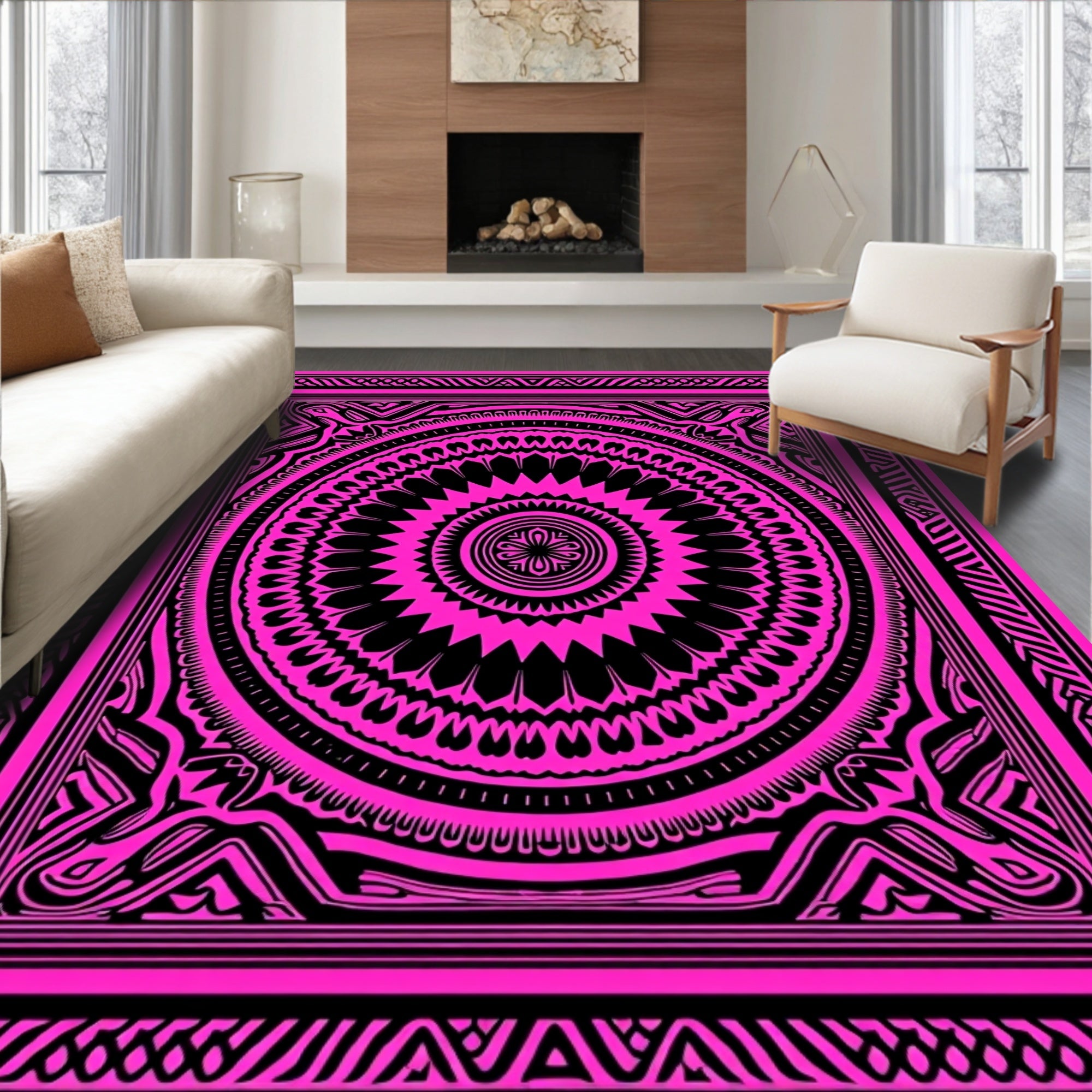 Vivid Pink Radial Mandala Art Rug