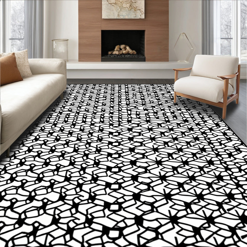 Abstract Black White Interlocking Pattern Rug