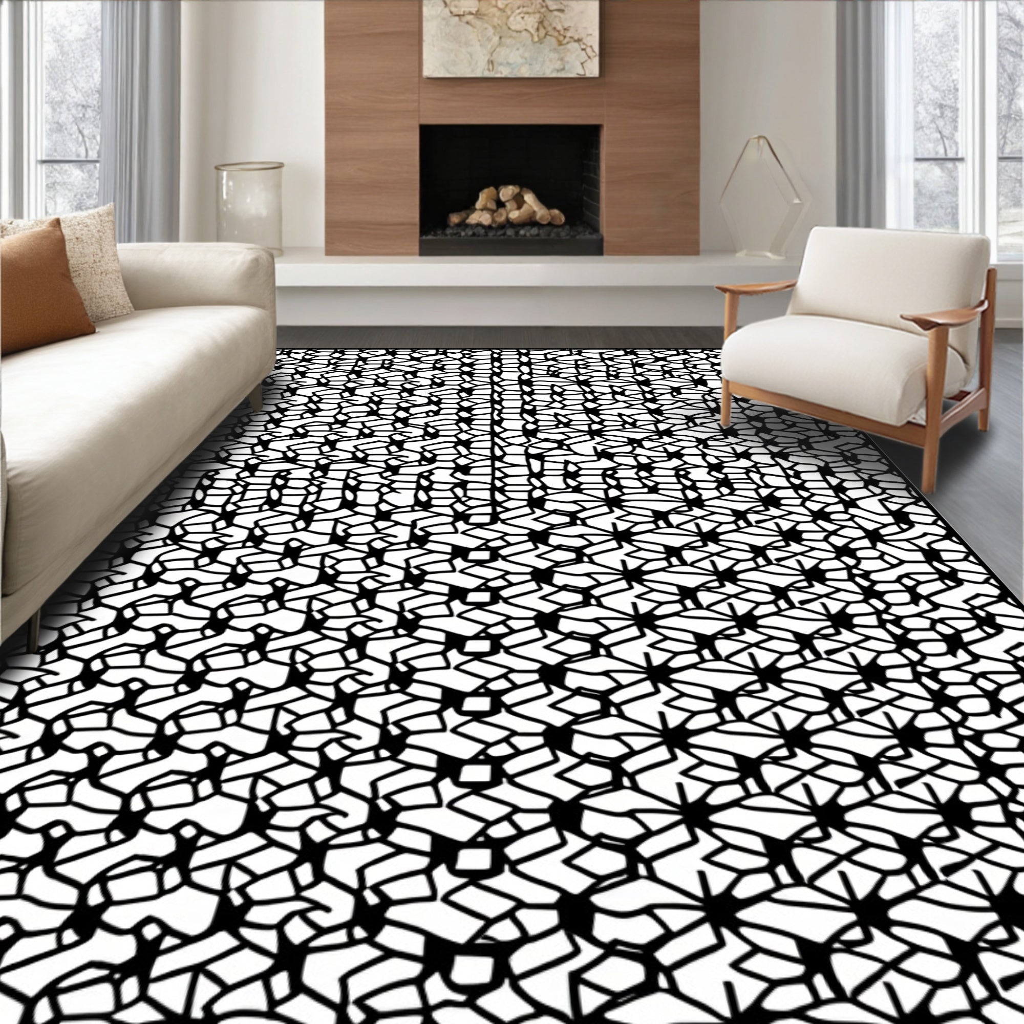 Abstract Black White Interlocking Pattern Rug