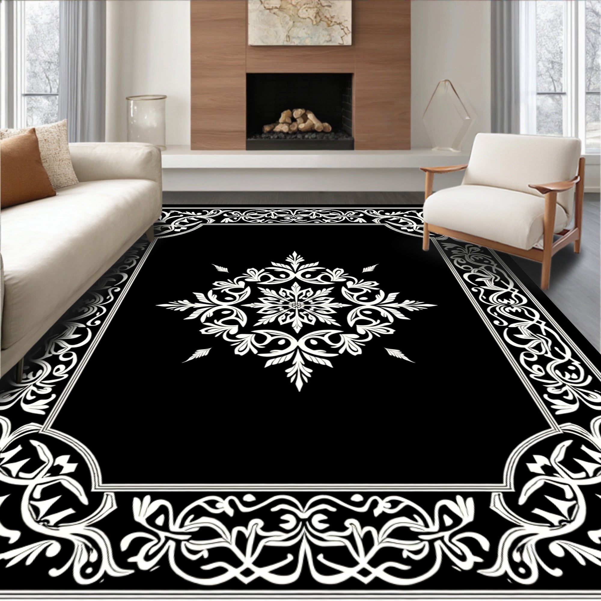 White Arabesque Floral Frame Rug