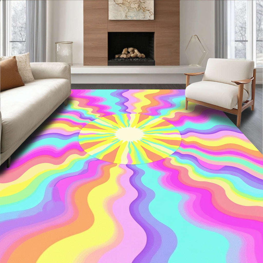 Retro Sunburst Rainbow Wave Rug