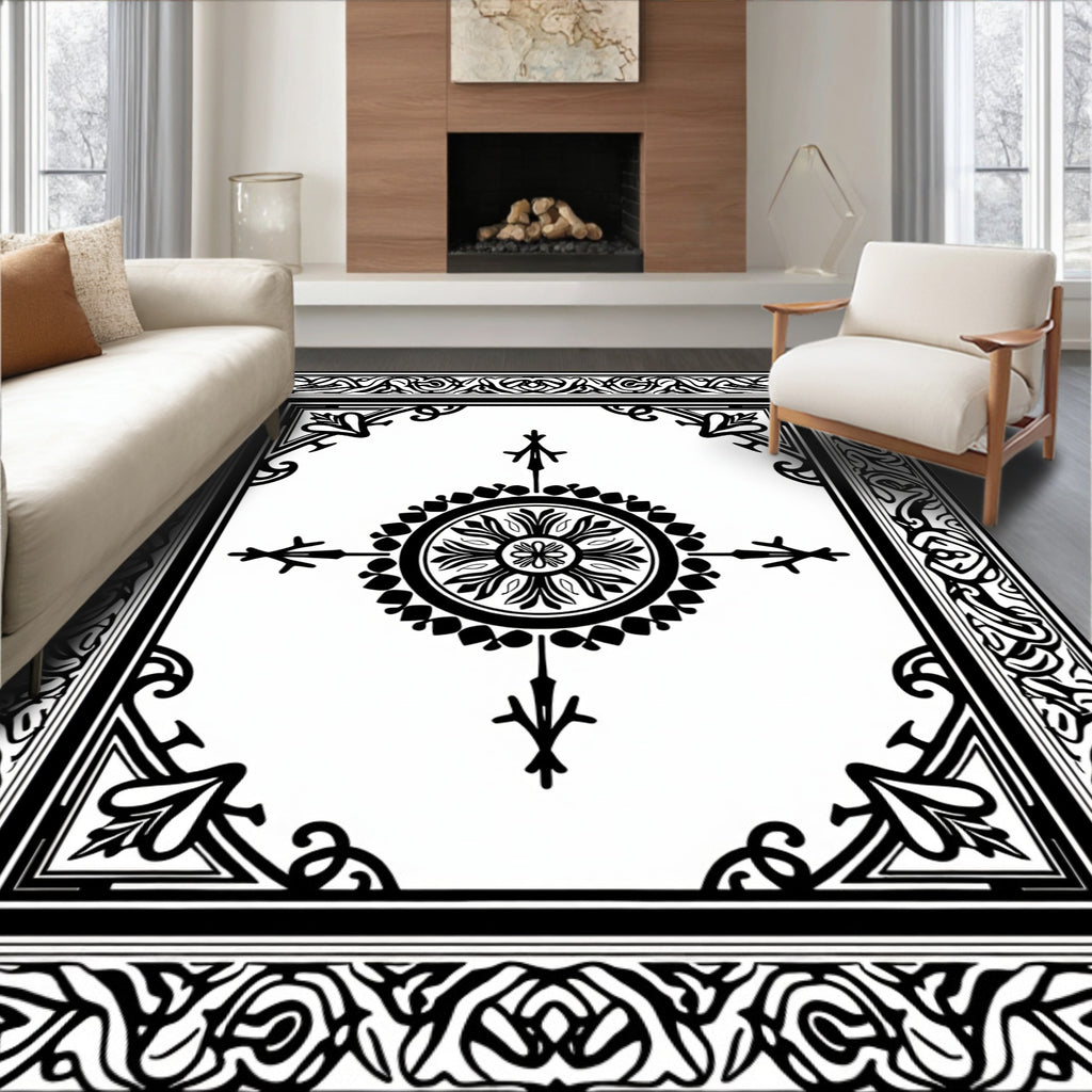 Classic Black White Ornamental Medallion Rug