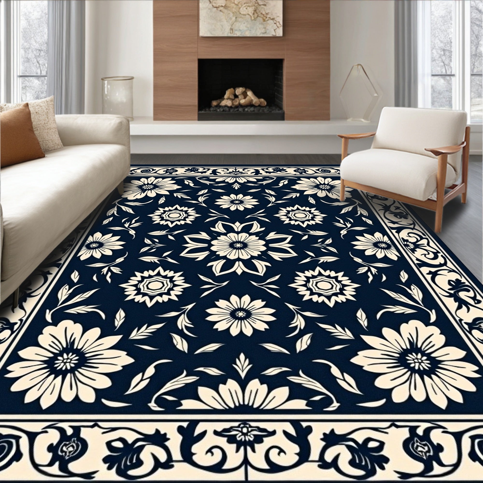 Classic Floral Border With Garden Design Rug