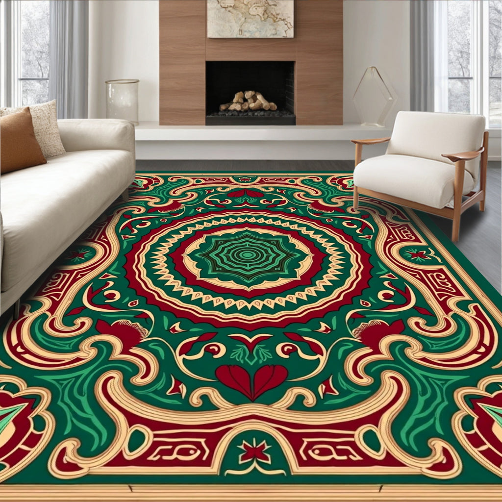 Ornate Red Green Golden Mandala Pattern Rug