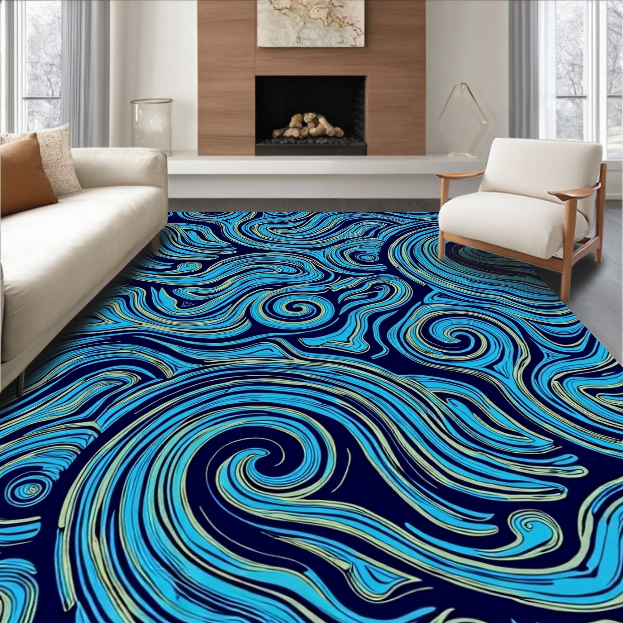 Abstract Blue Swirl Pattern Rug