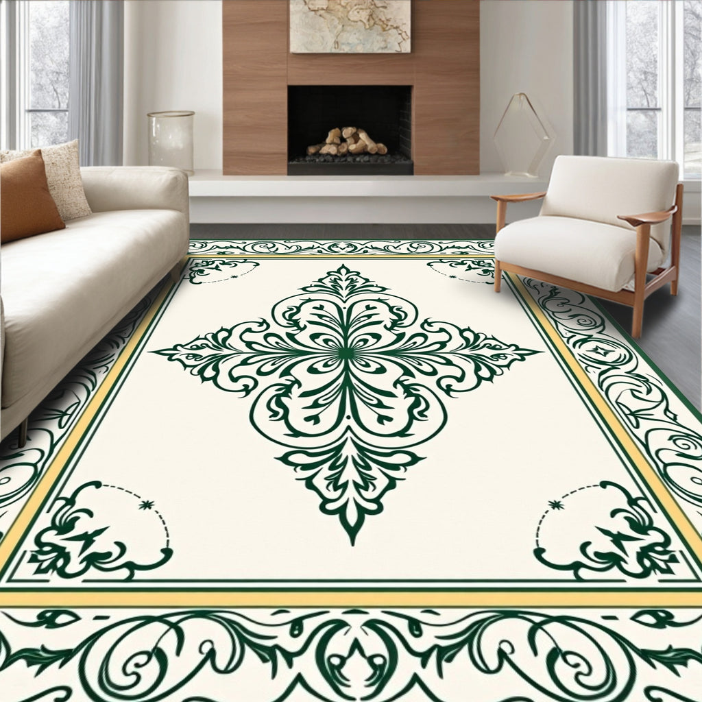 Ornate Green Ivory Center Medallion Design Rug
