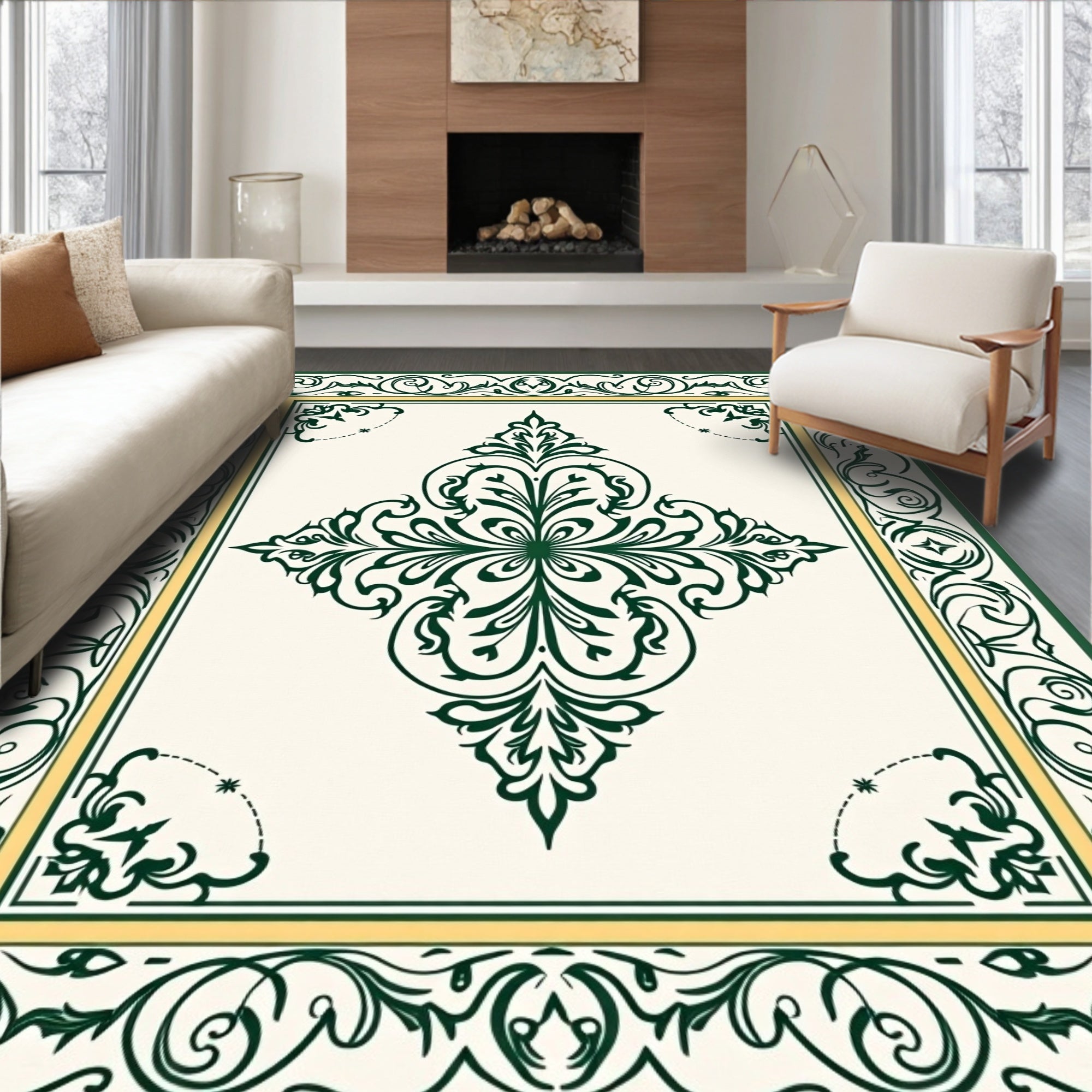 Ornate Green Ivory Center Medallion Design Rug