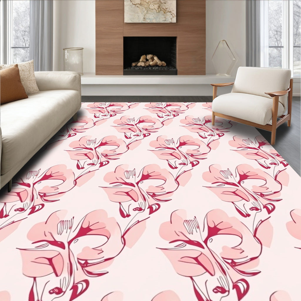 Ethereal Pink Floral Sketch Pattern Rug