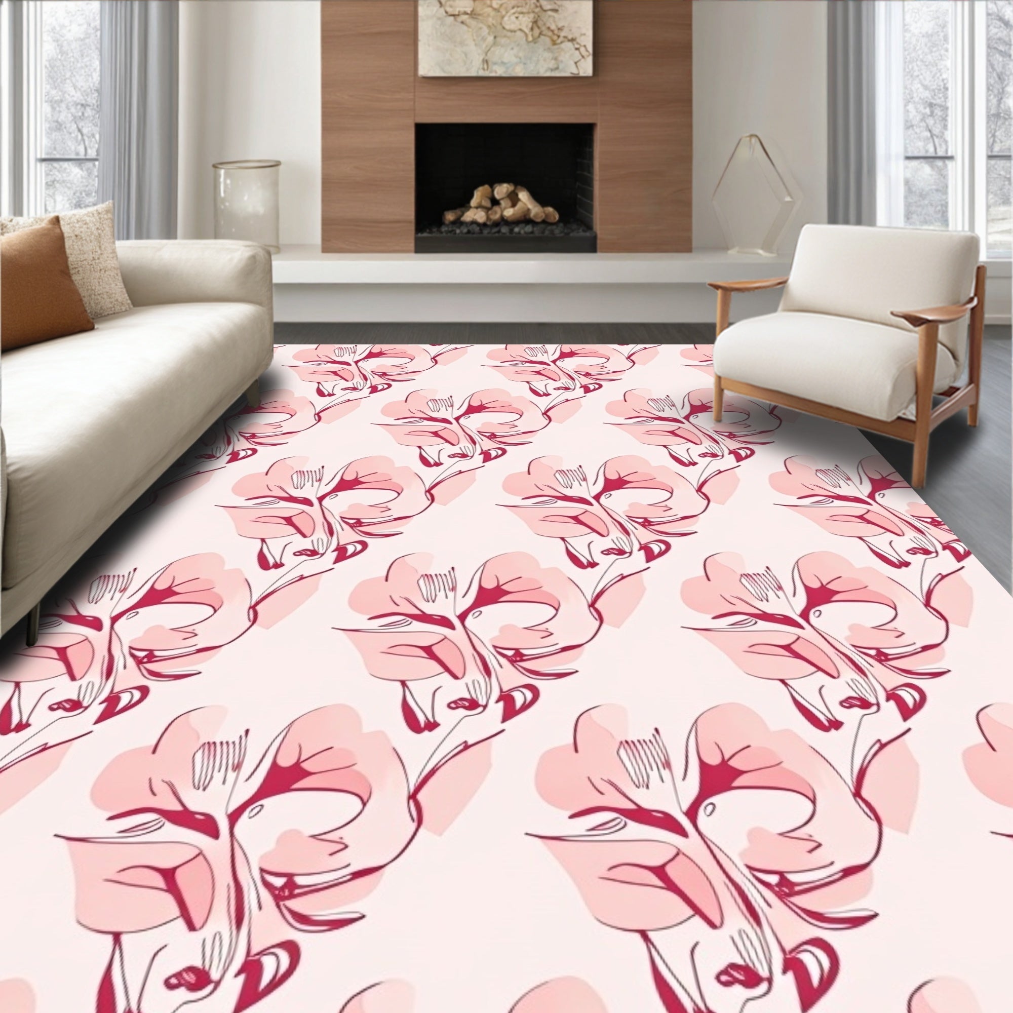 Ethereal Pink Floral Sketch Pattern Rug