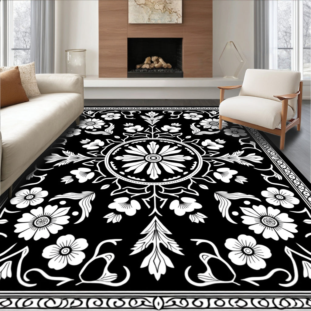 Black White Floral Medallion Pattern Rug