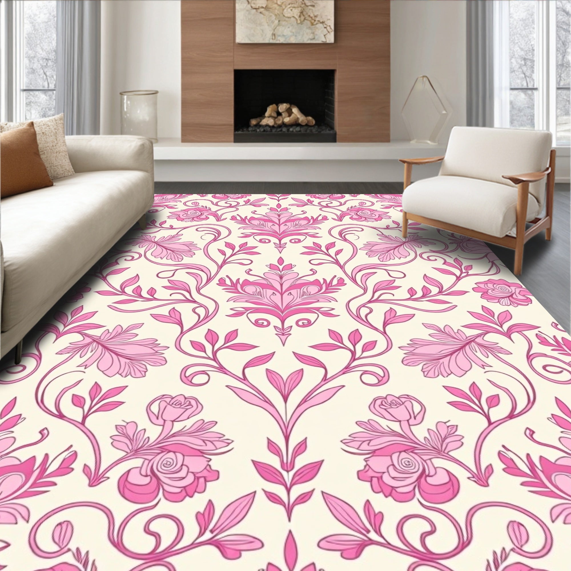 Pink Floral Damask Scrollwork Rug
