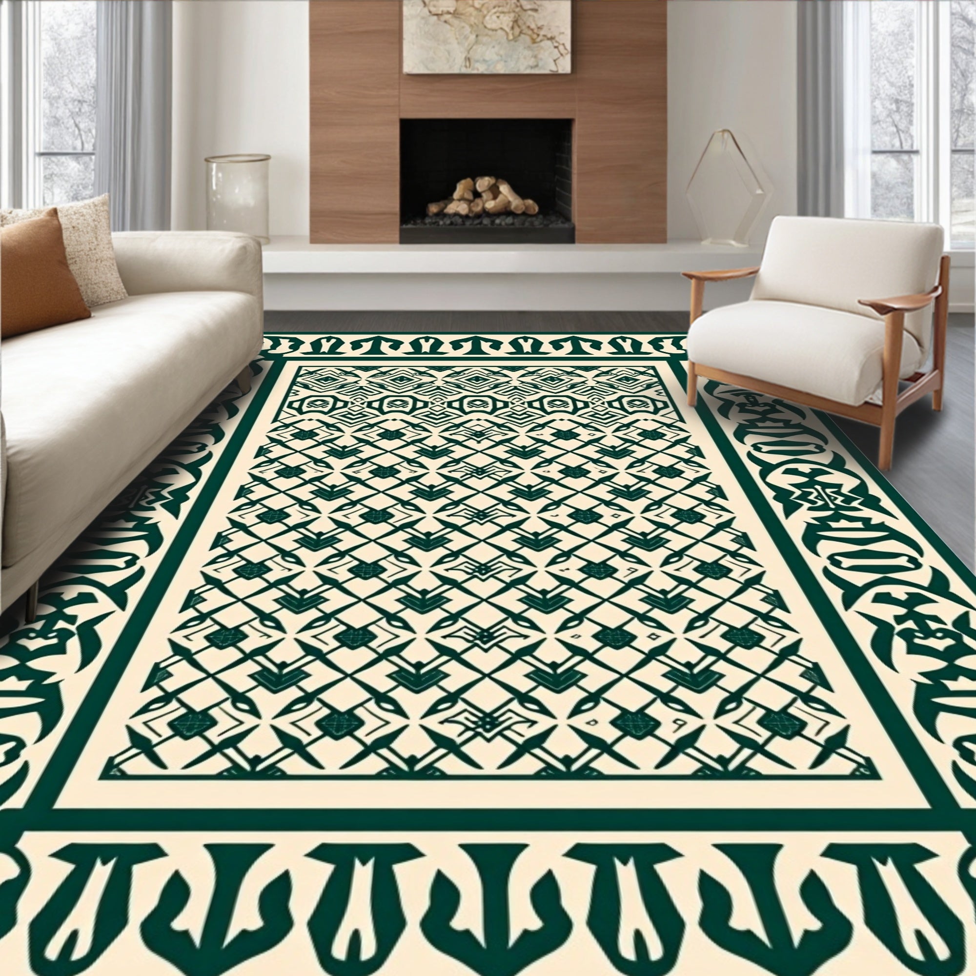 Elaborate Geometric Motif Bordered Design Rug