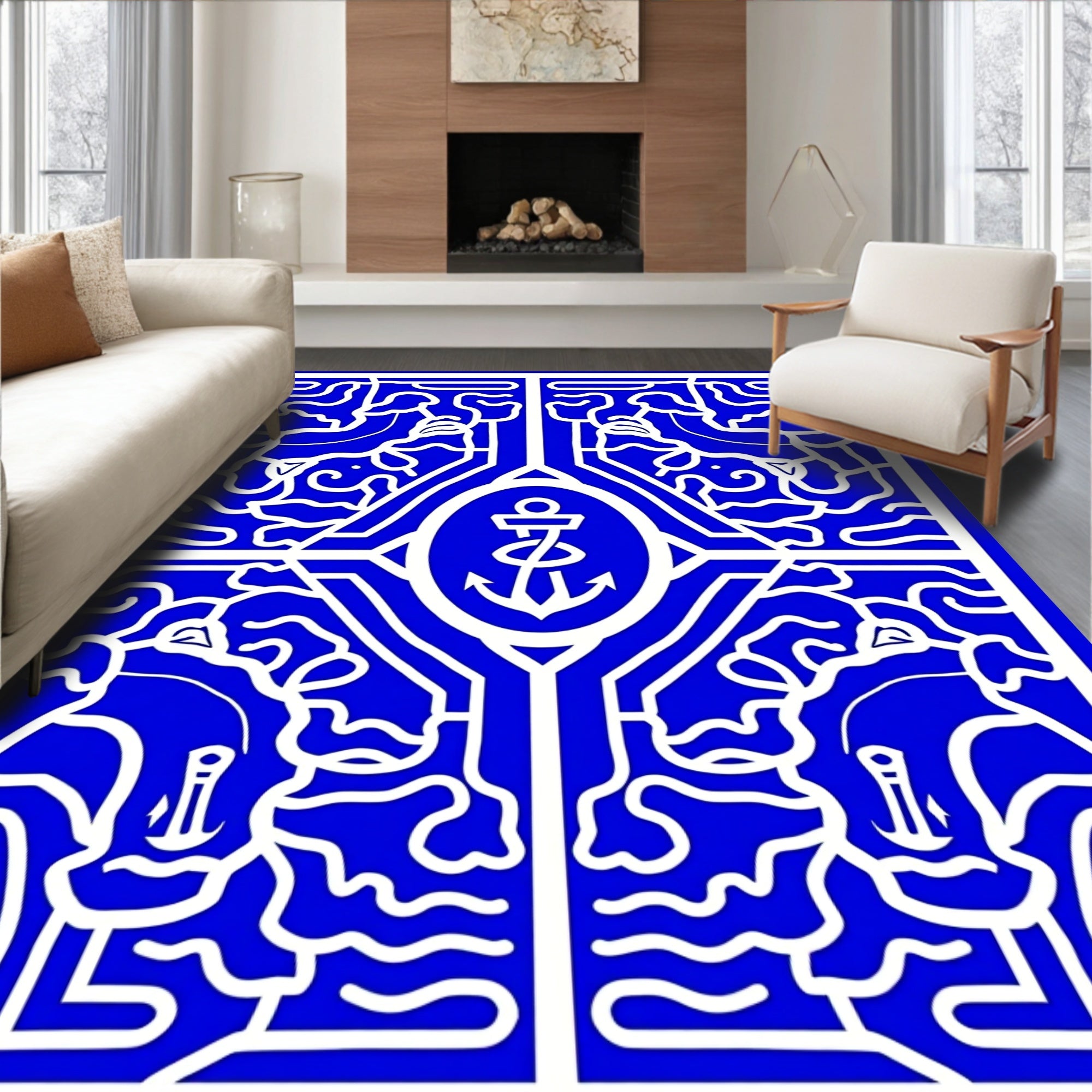 Bold Blue Nautical Anchor Art Rug
