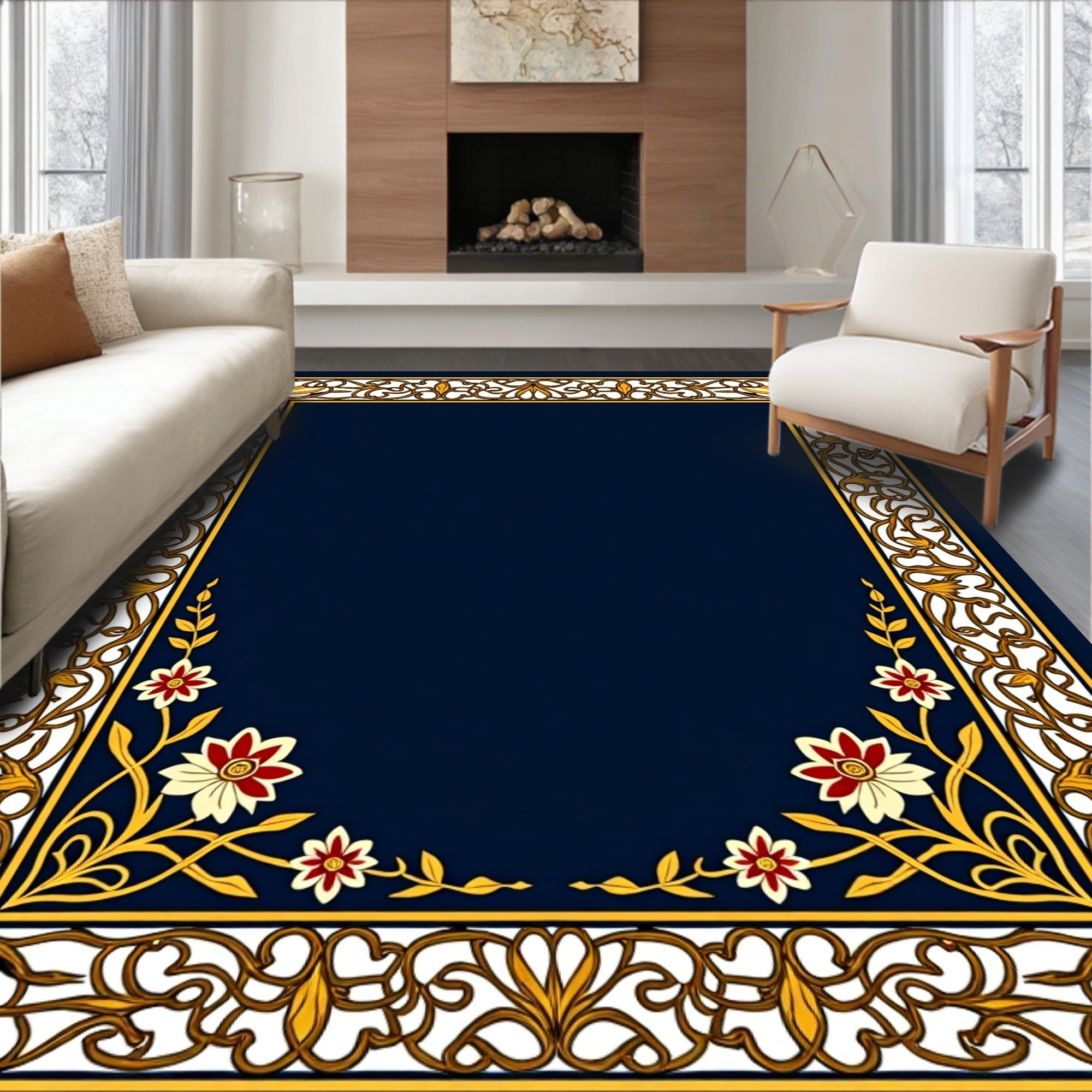Ornate Floral Border Design Rug