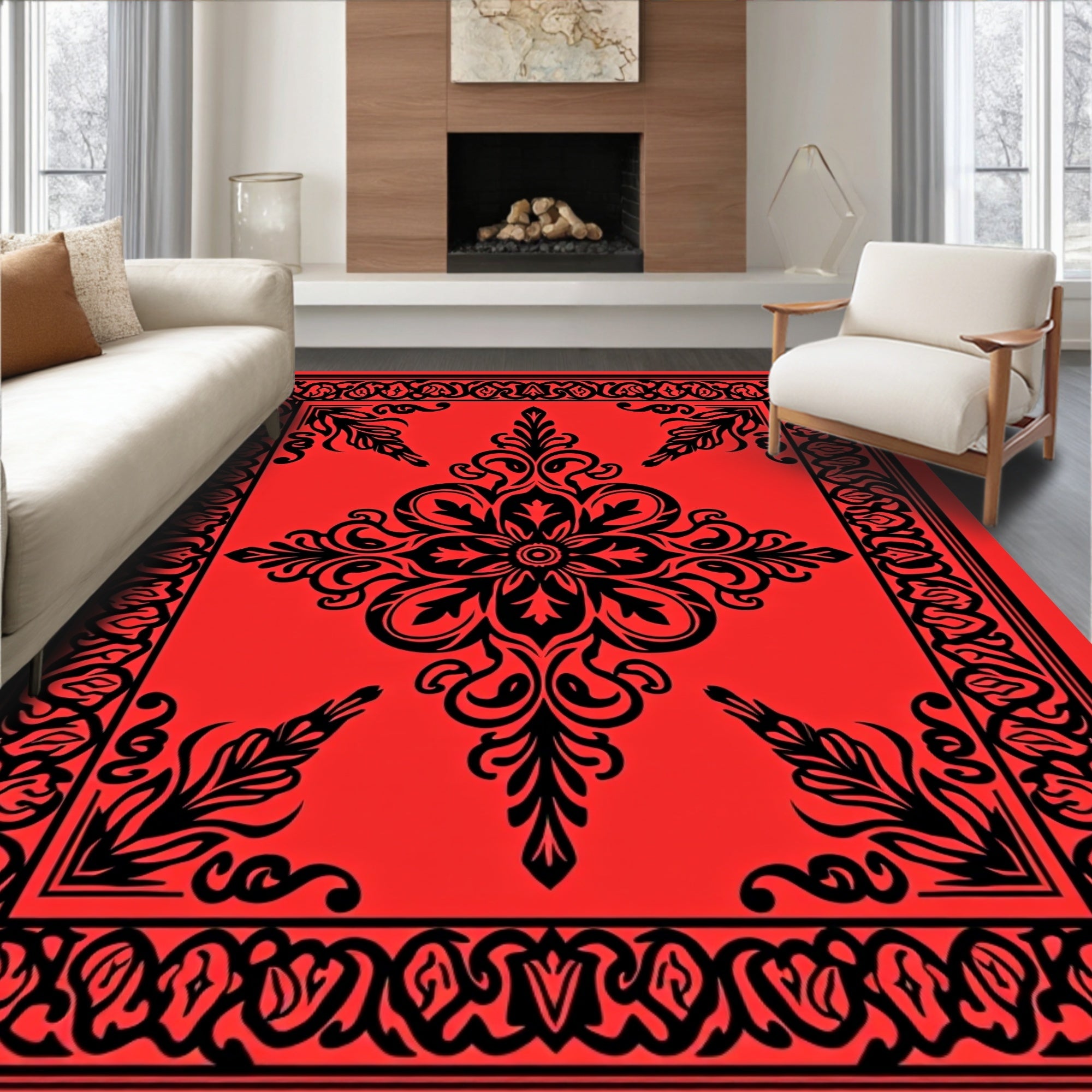 Intricate Black Floral Lattice Design Rug