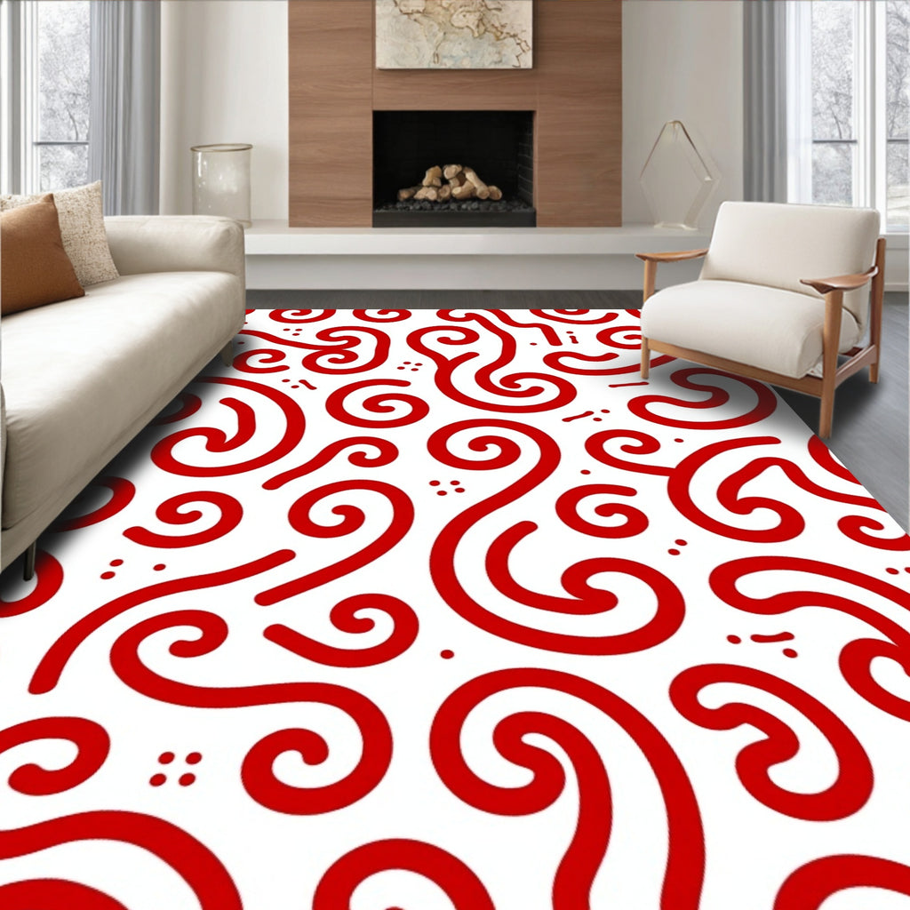 Crimson Swirls Abstract Whimsical Rug