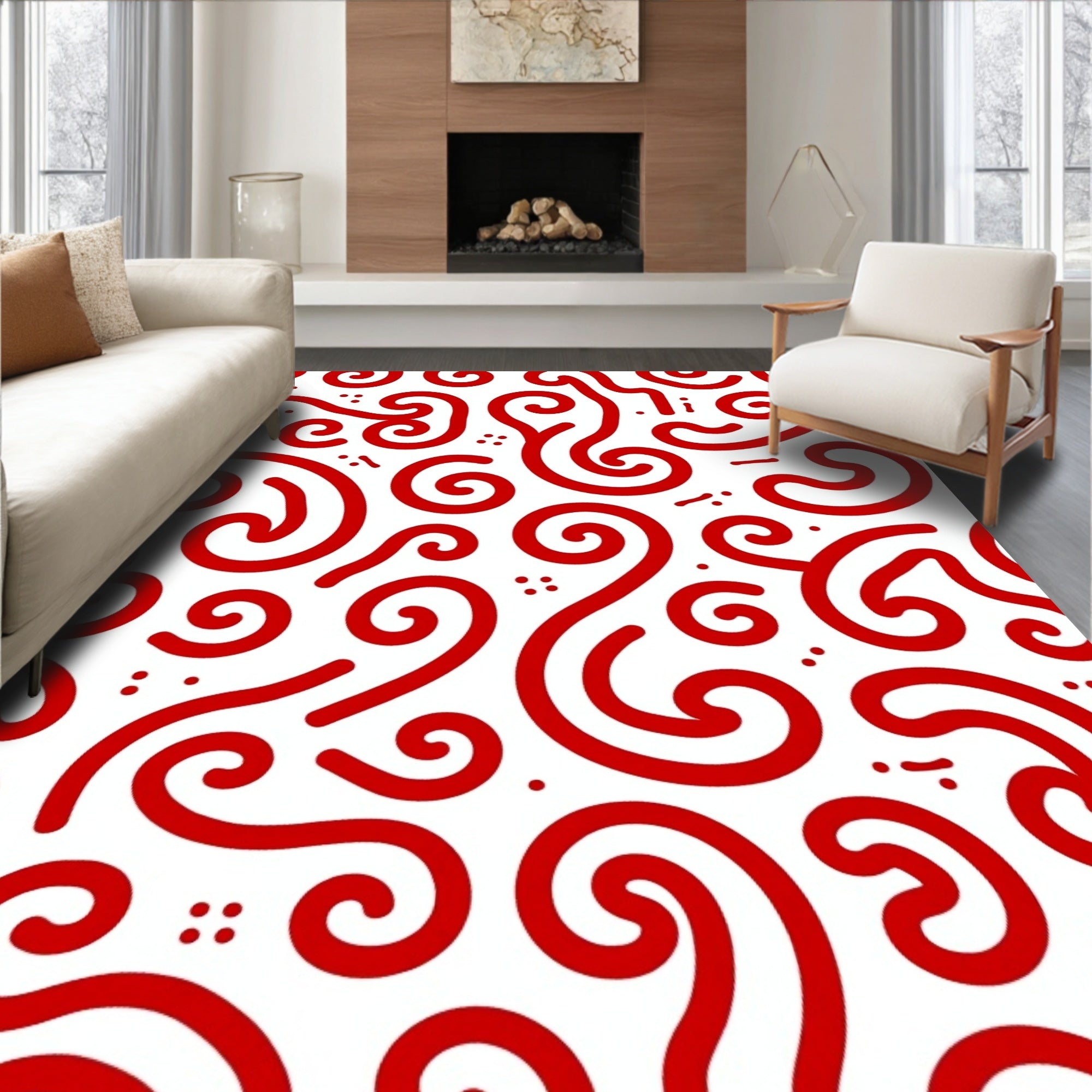 Crimson Swirls Abstract Whimsical Rug