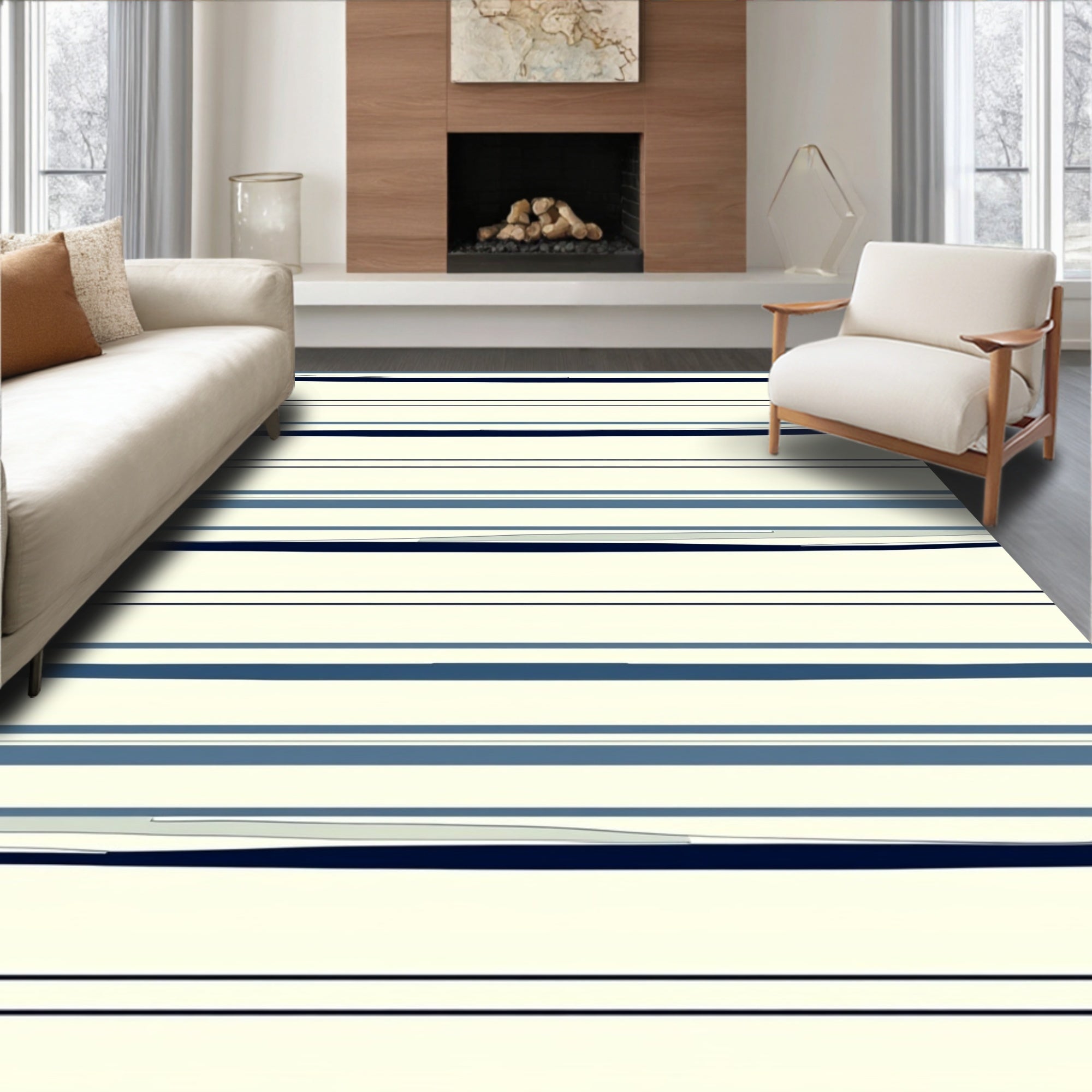 Blue Cream Horizontal Stripe Design Rug