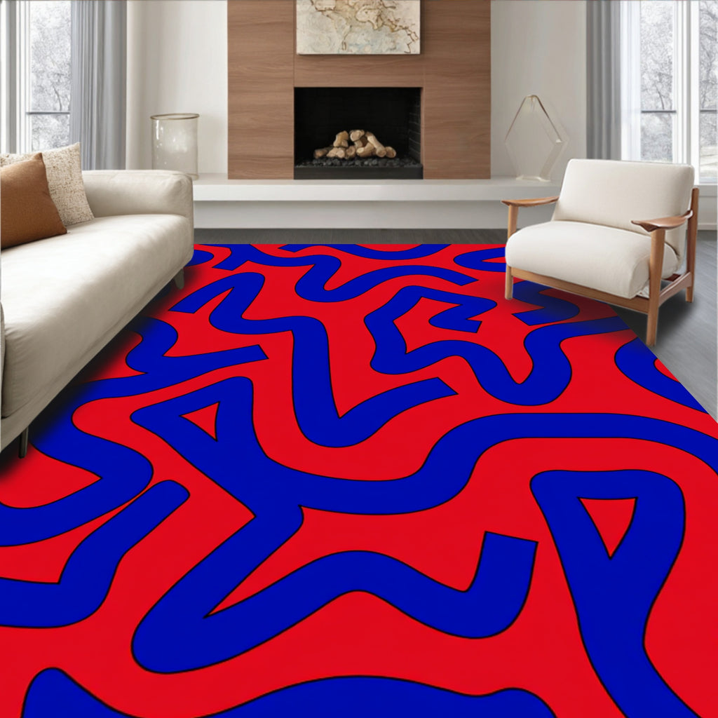 Bold Abstract Blue Ribbon Red Pattern Rug