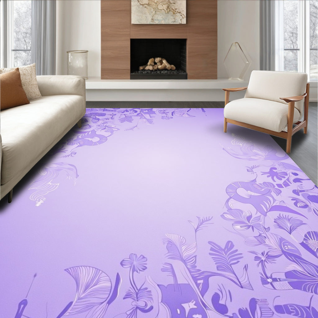 Whimsical Lavender Floral Vine Swirl Rug