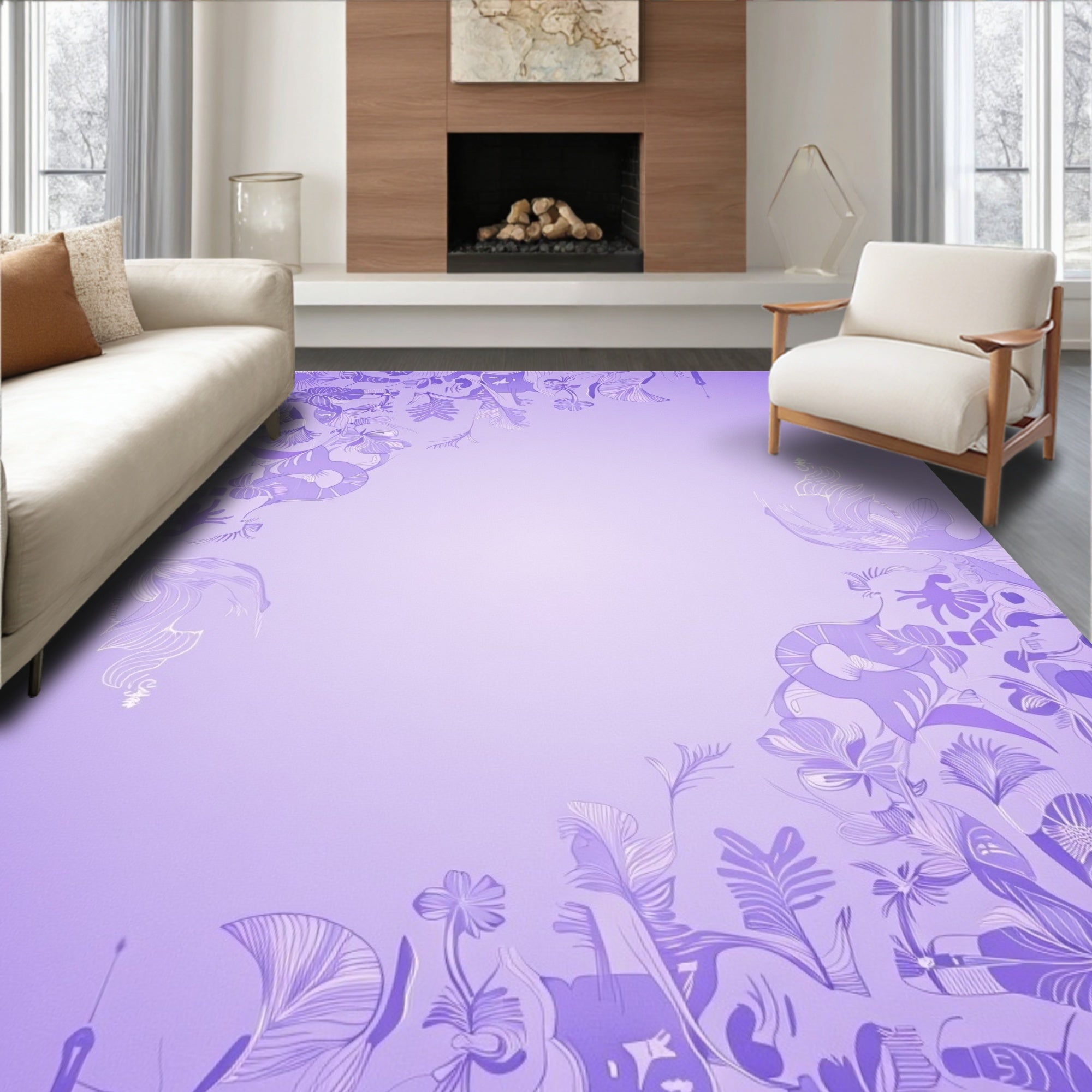 Whimsical Lavender Floral Vine Swirl Rug