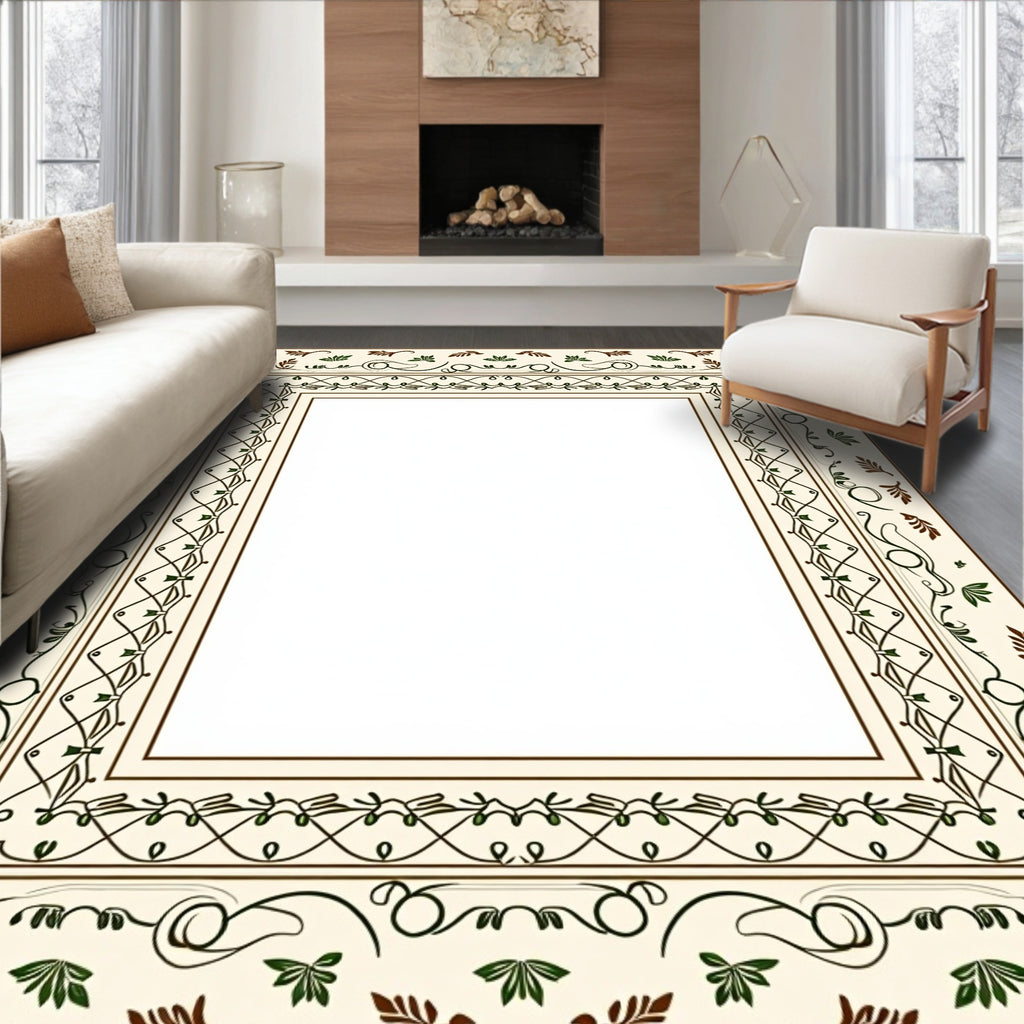 Ornate Leaf Scroll Classic Border Design Rug