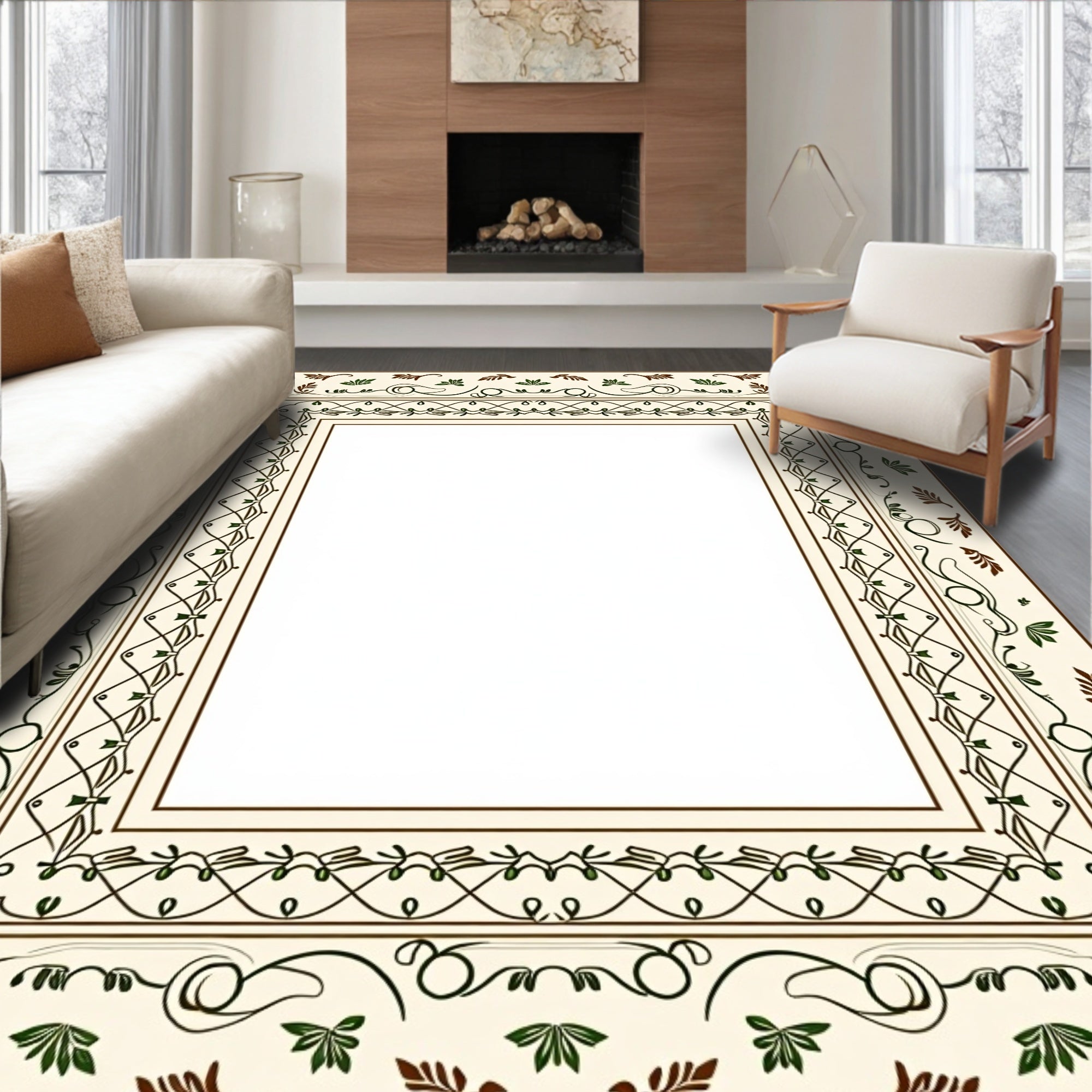 Ornate Leaf Scroll Classic Border Design Rug