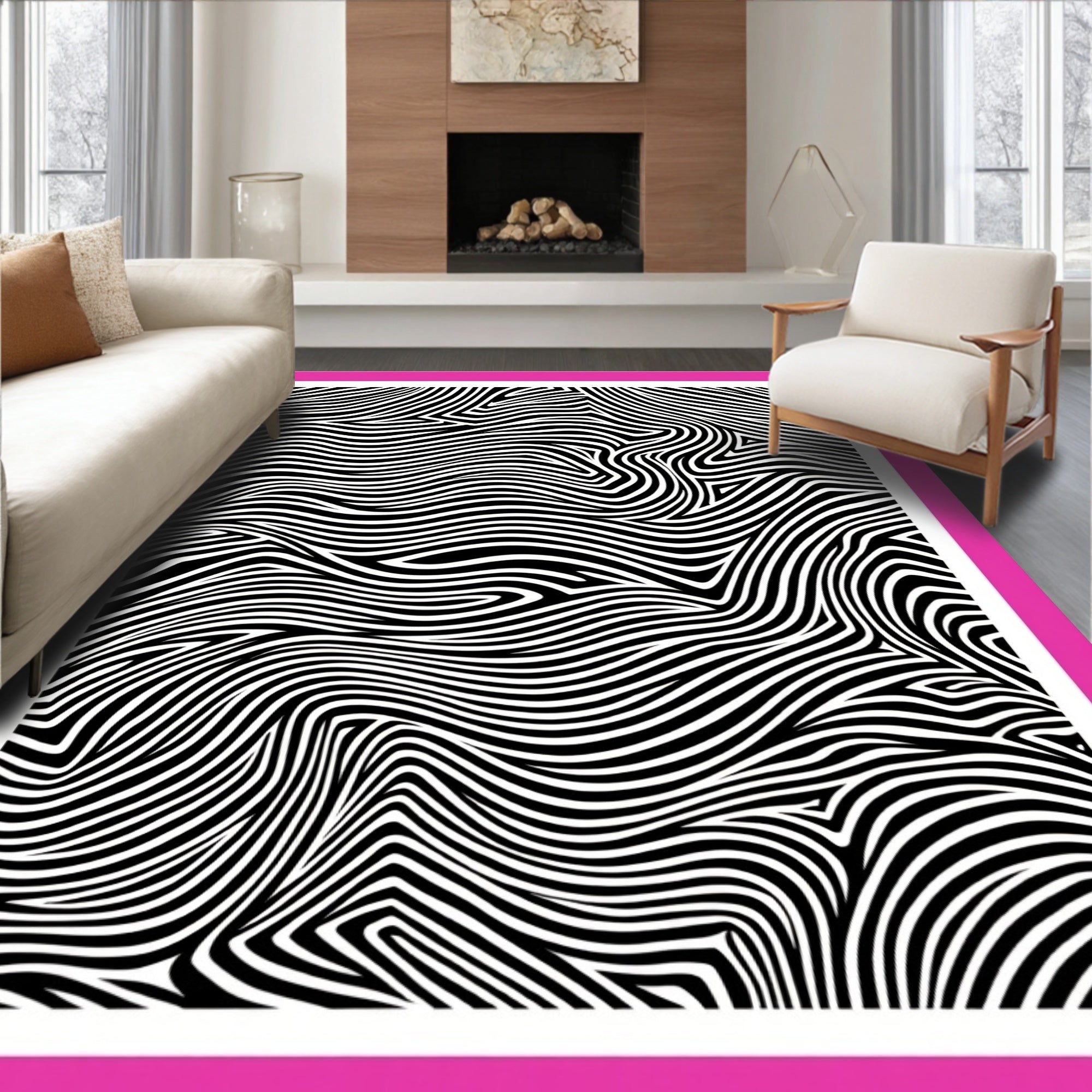 Bold Black White Wavy Stripes Rug