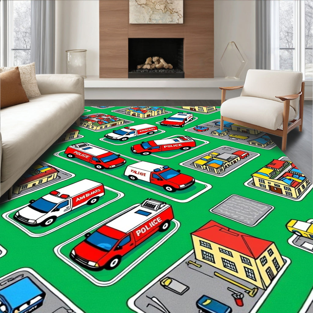 Isometric City Village Emergency Vehicles Rug