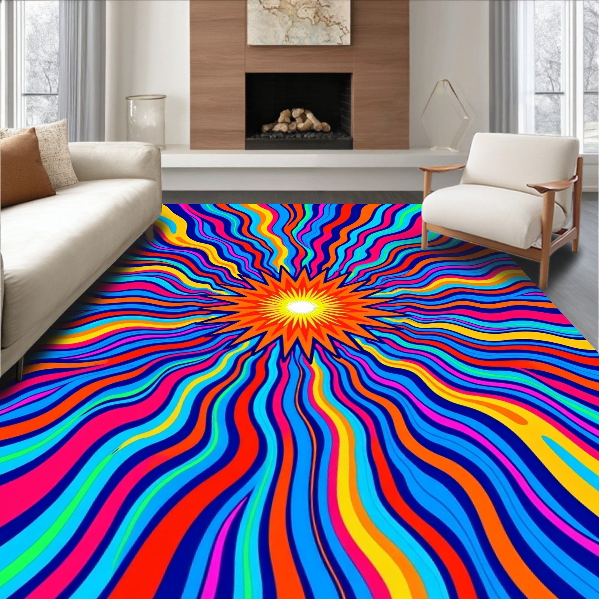 Vibrant Sunburst Rainbow Waves Rug