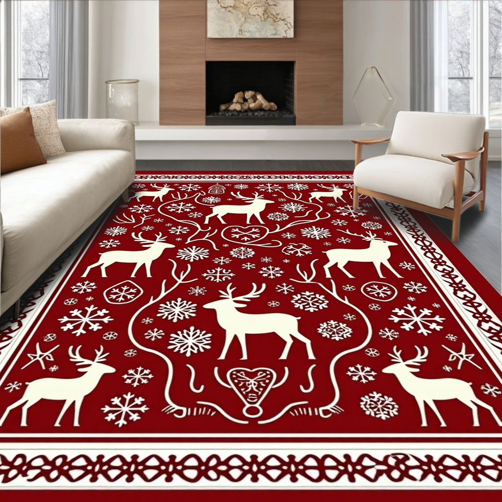 Winter Deer and Snowflake Patterned Rug