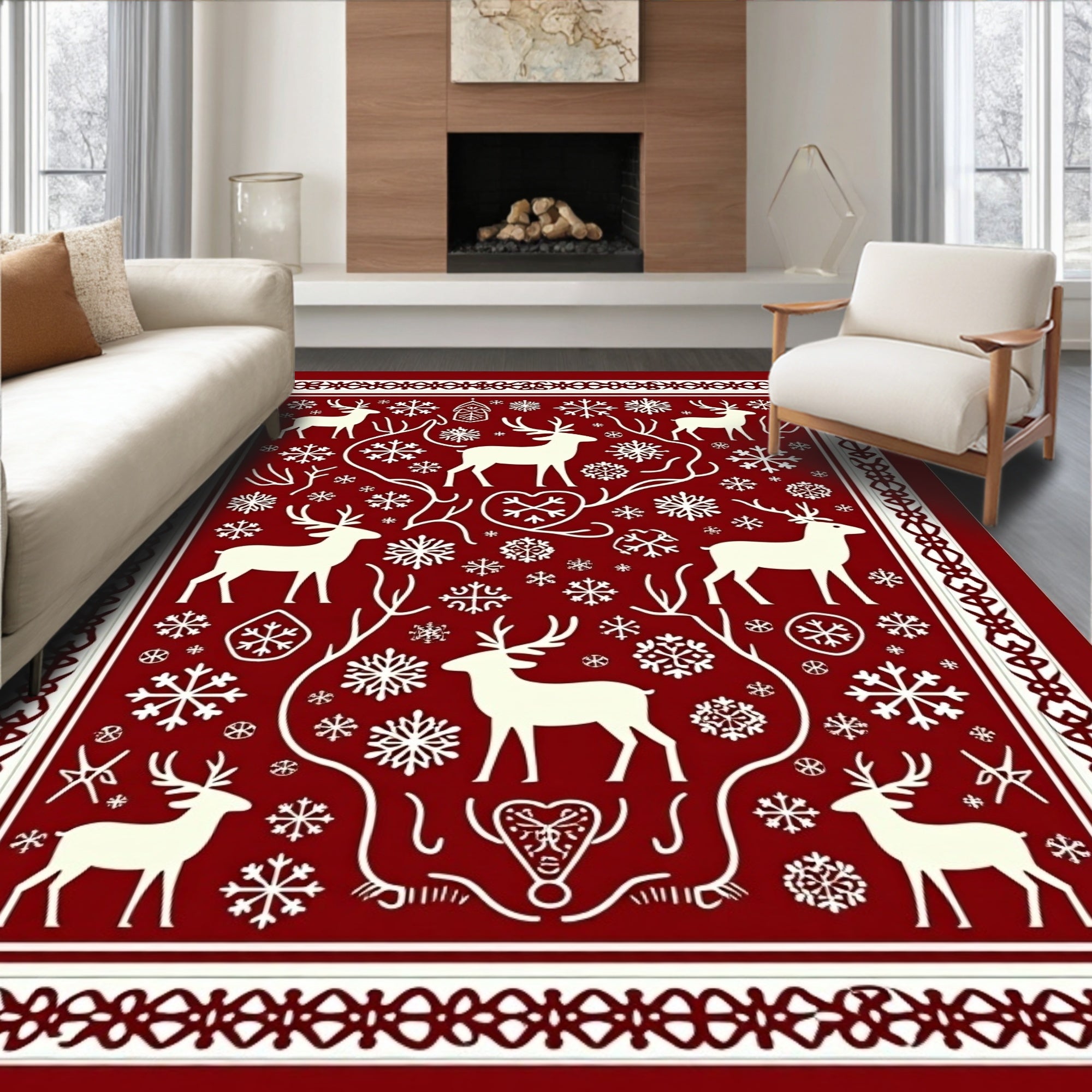 Winter Deer and Snowflake Patterned Rug