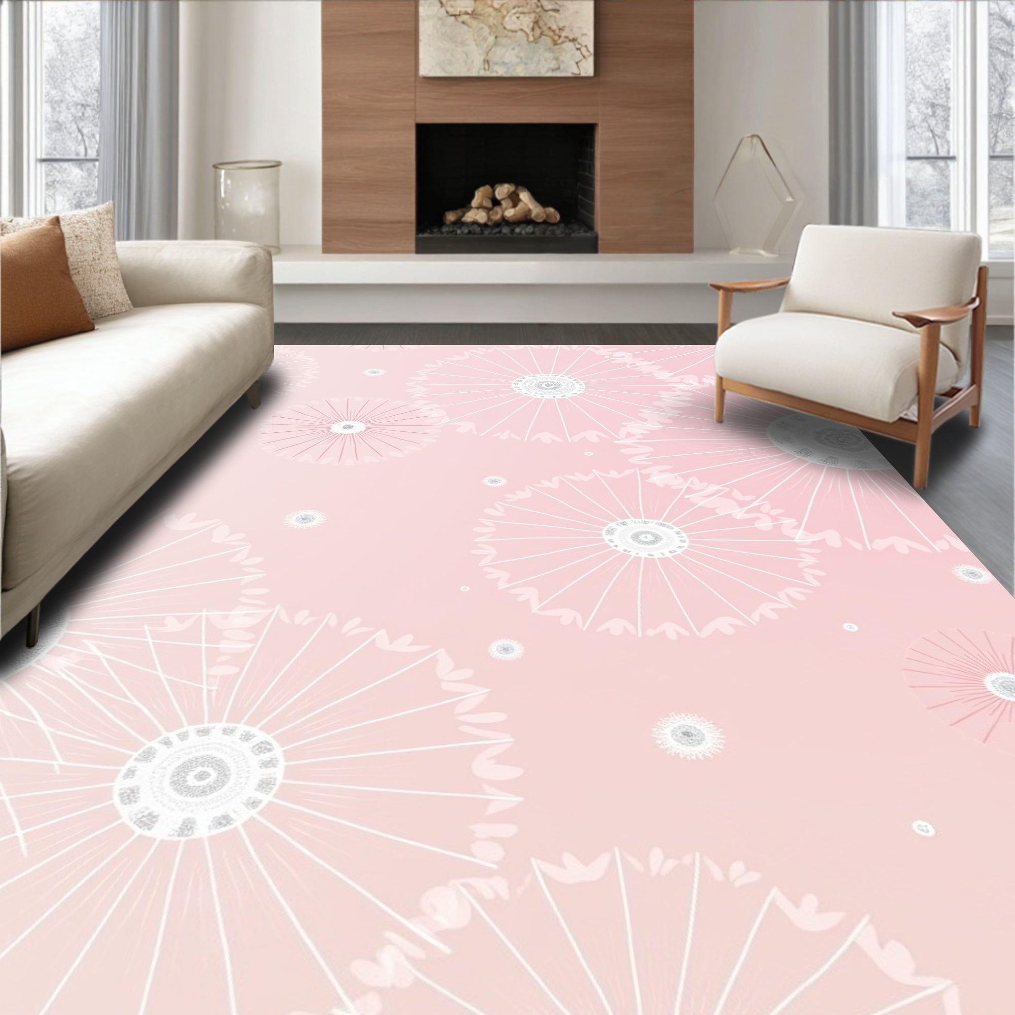 Pale Pink Dandelion Floral Pattern Rug