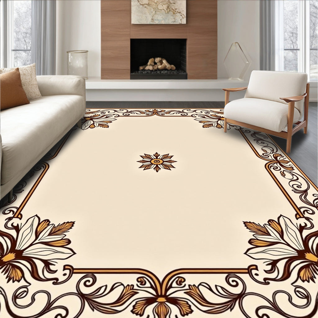 Elegant Floral Border With Swirls Rug