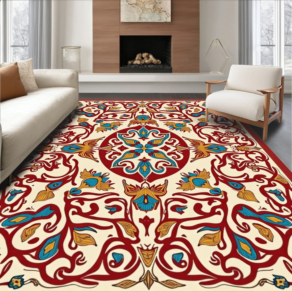 Rich Red Teal Floral Vines Rug