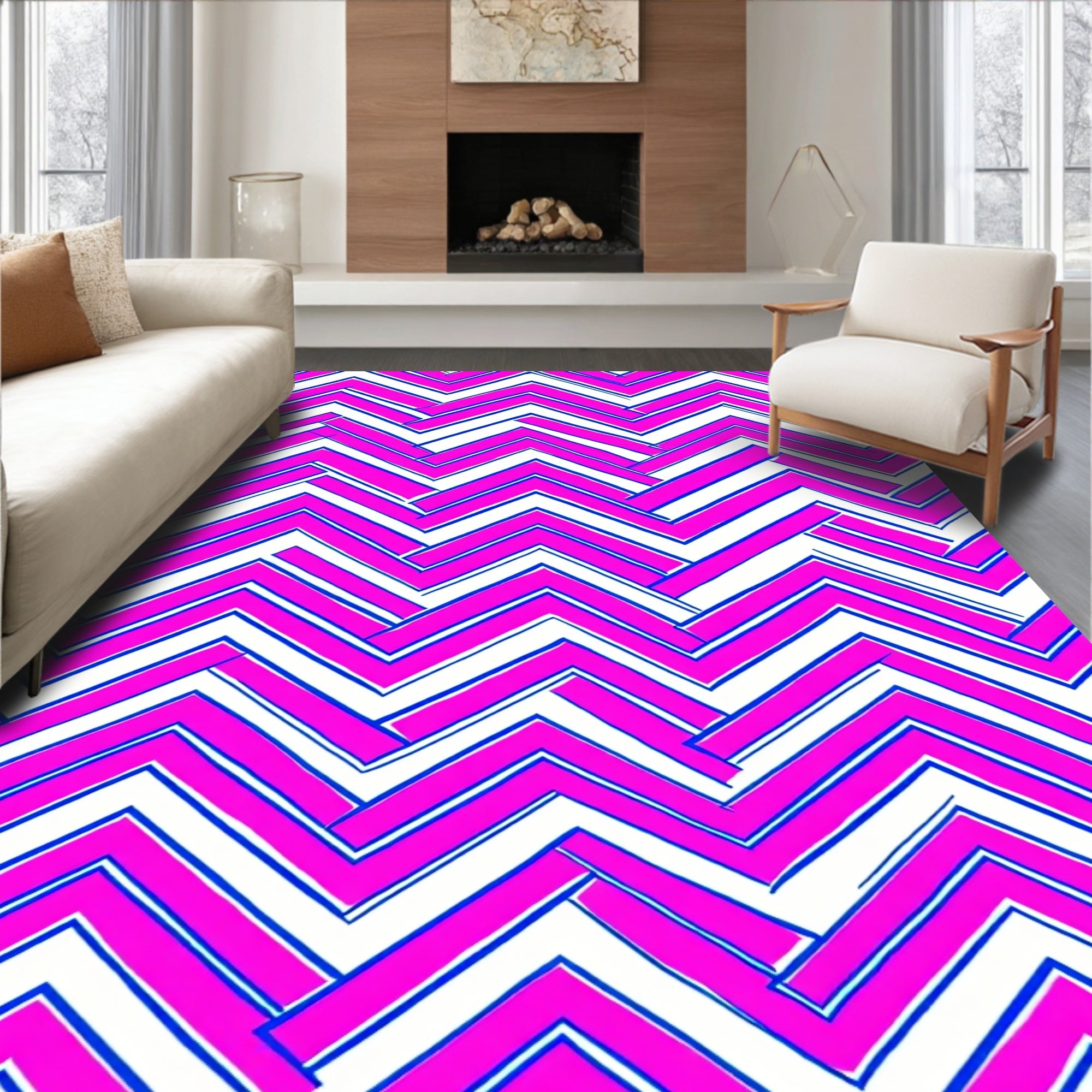 Bold Pink Blue Zigzag Geometric Pattern Rug
