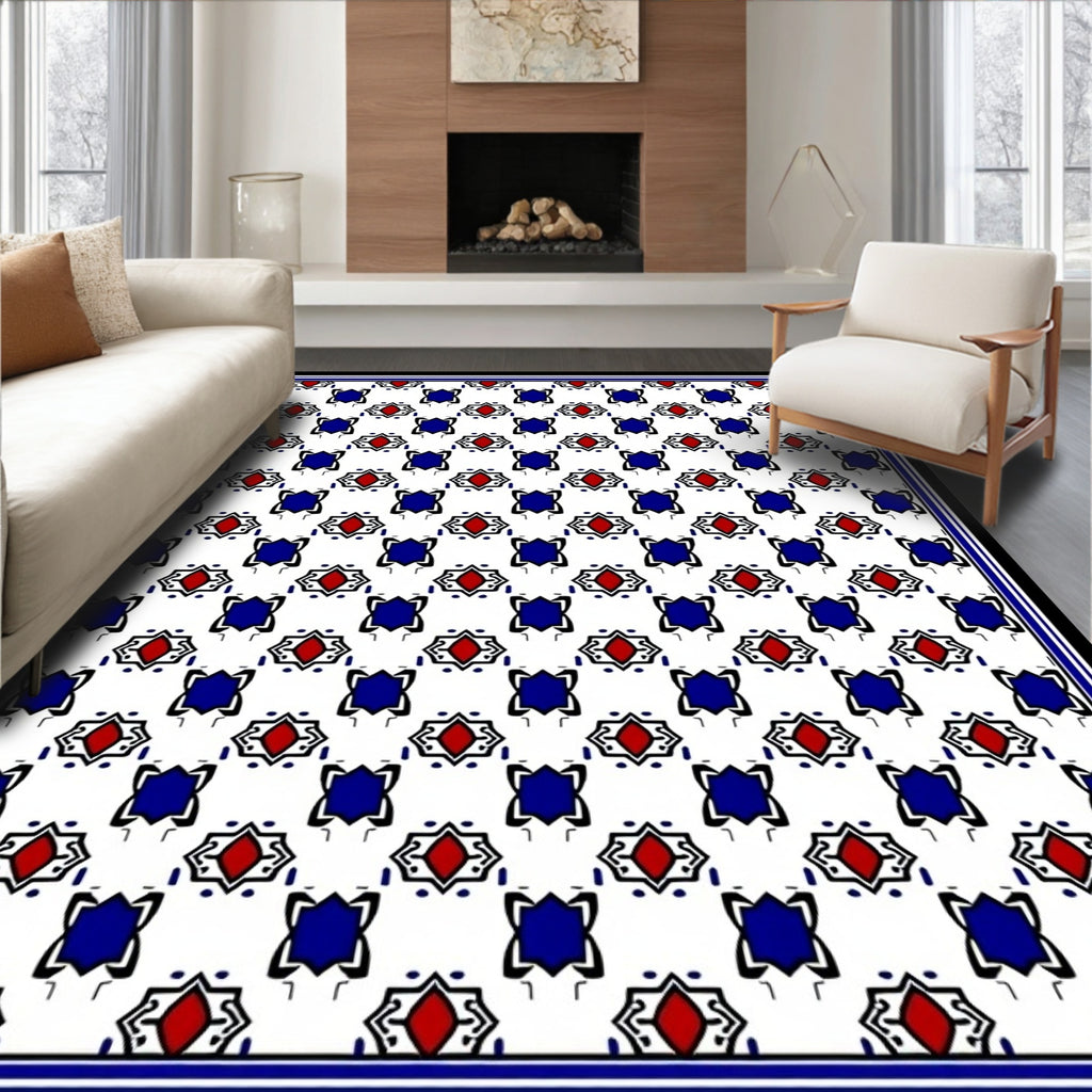 Classic Red Blue Geometric Tile Pattern Rug