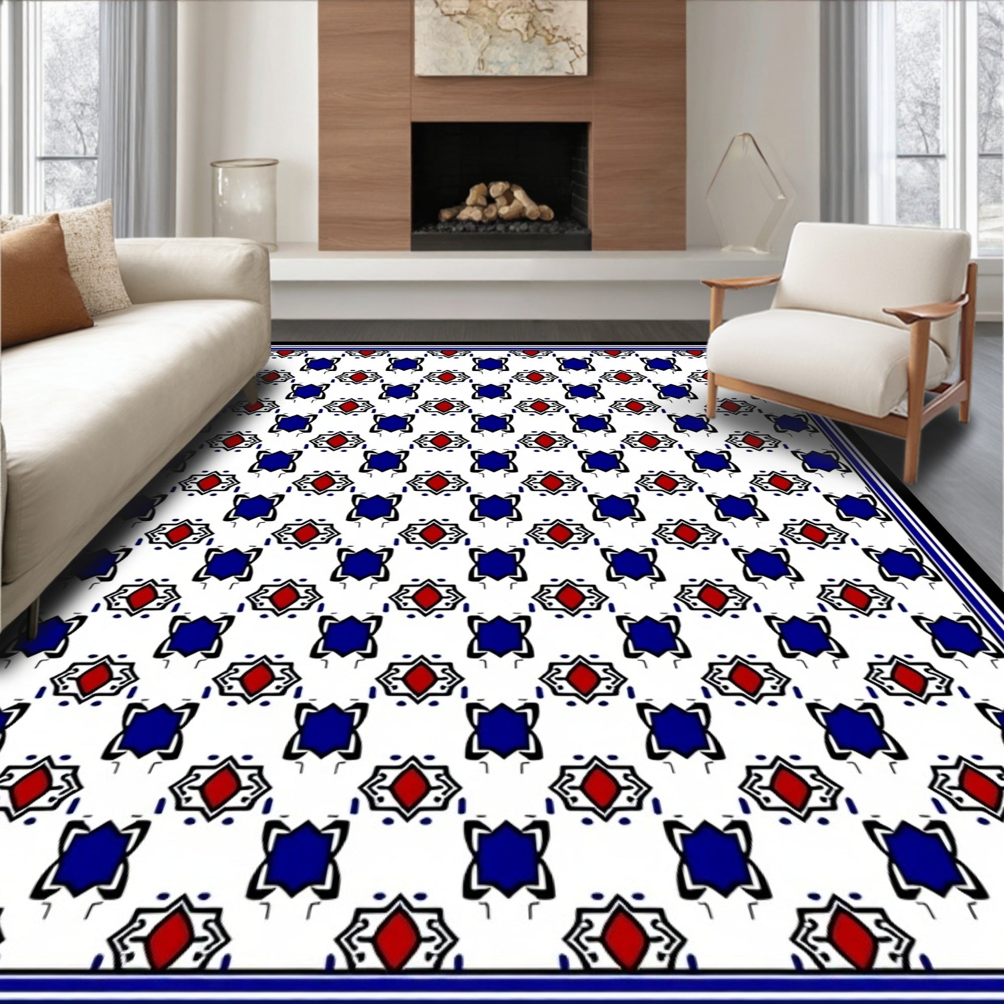 Classic Red Blue Geometric Tile Pattern Rug