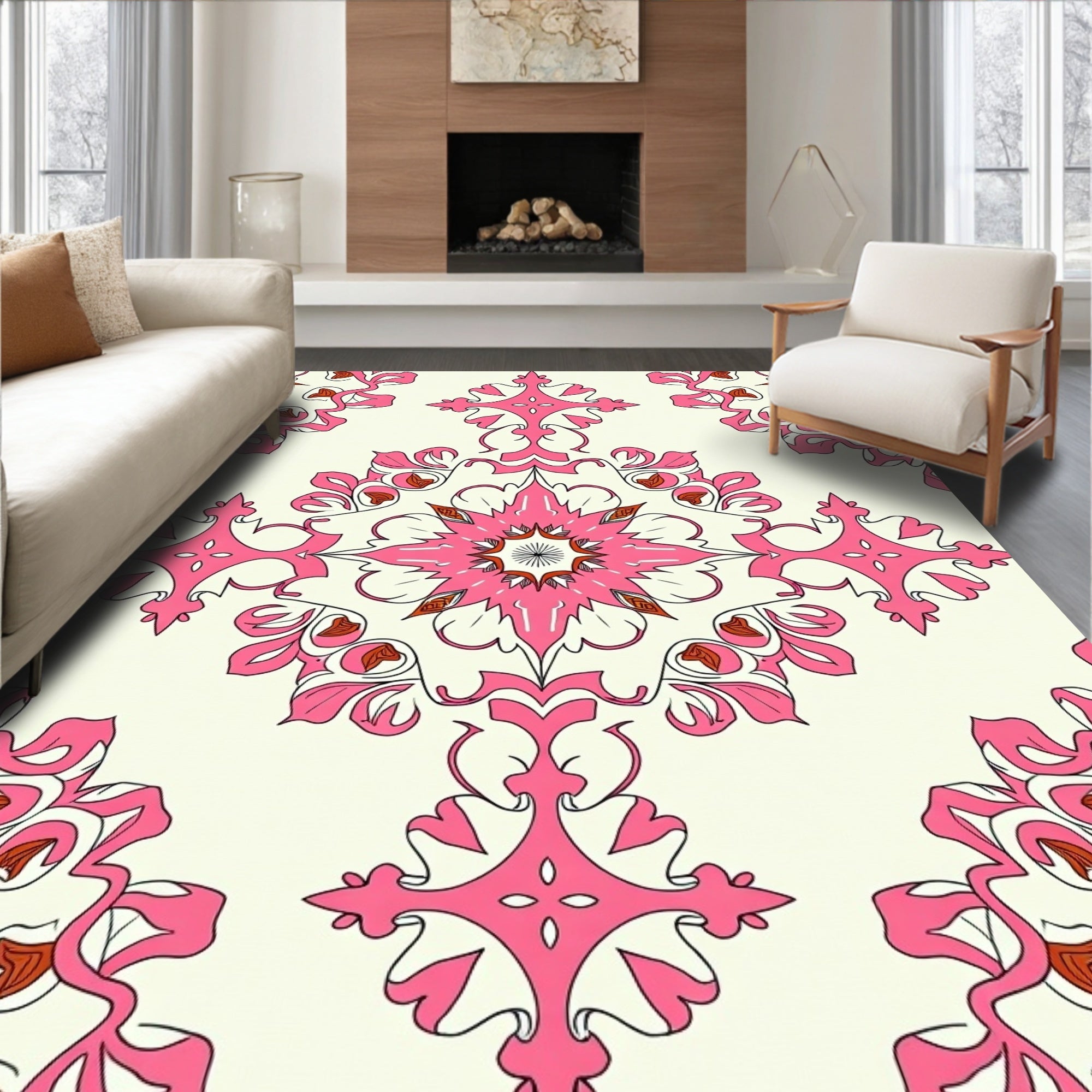 Vibrant Pink Floral Mandala Pattern Rug