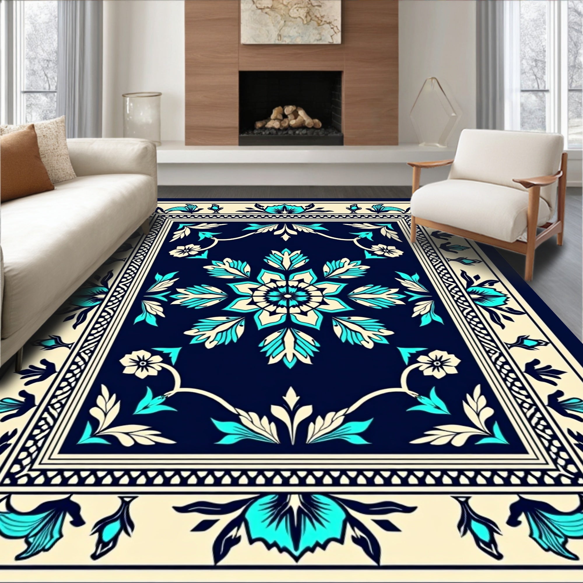 Traditional Floral Medallion Blue Ivory Rug