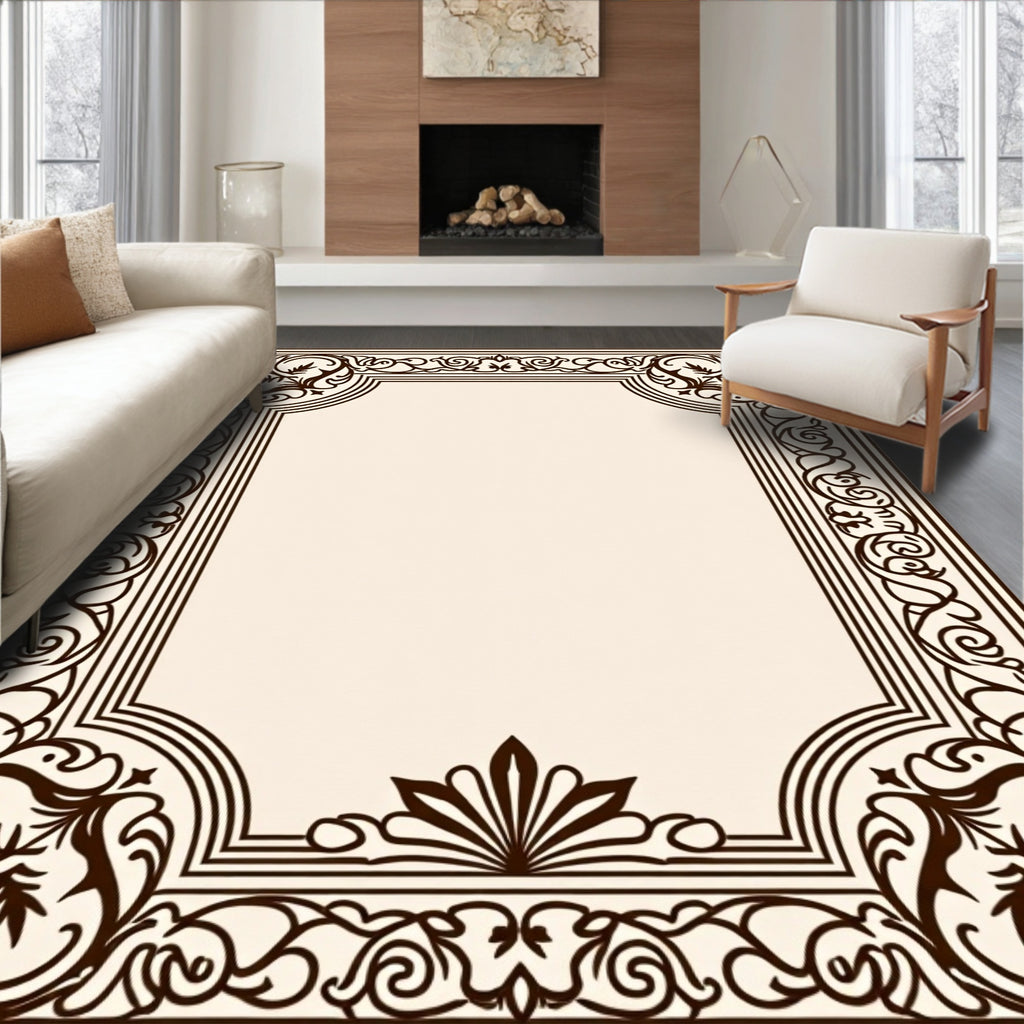 Ornate Floral Scroll Pattern Border Rug