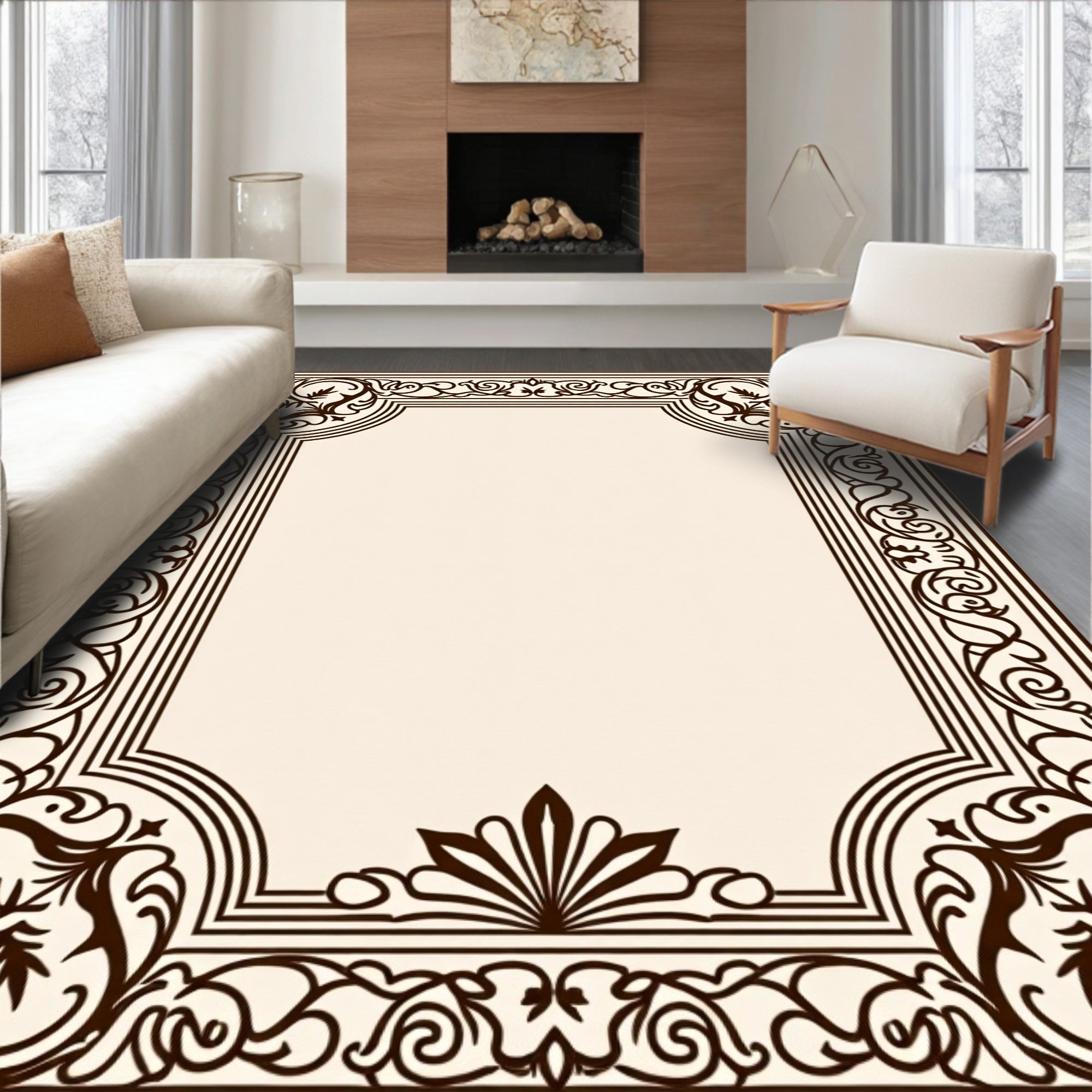 Ornate Floral Scroll Pattern Border Rug