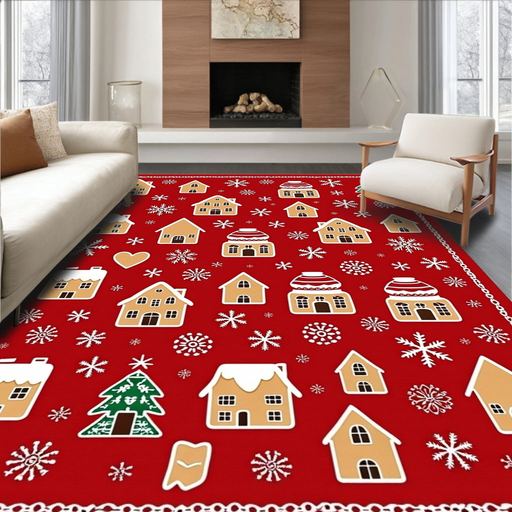 Festive Red Gingerbread Houses Snowflakes Rug