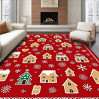 Festive Red Gingerbread Houses Snowflakes Rug